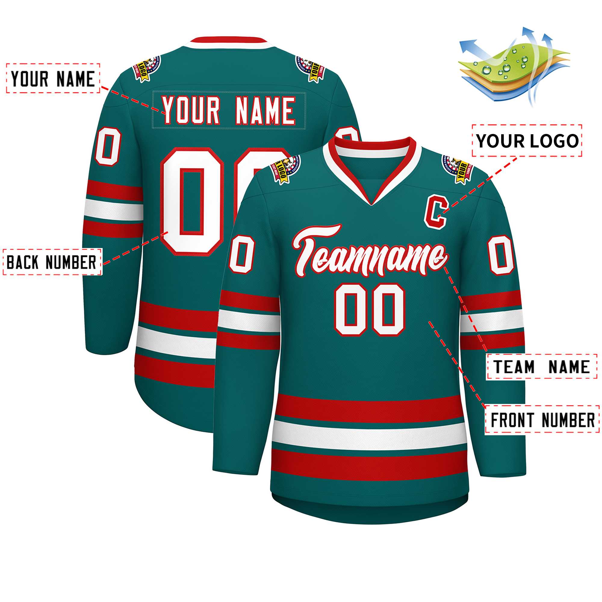 Maillot de hockey de style classique Aqua blanc-rouge personnalisé