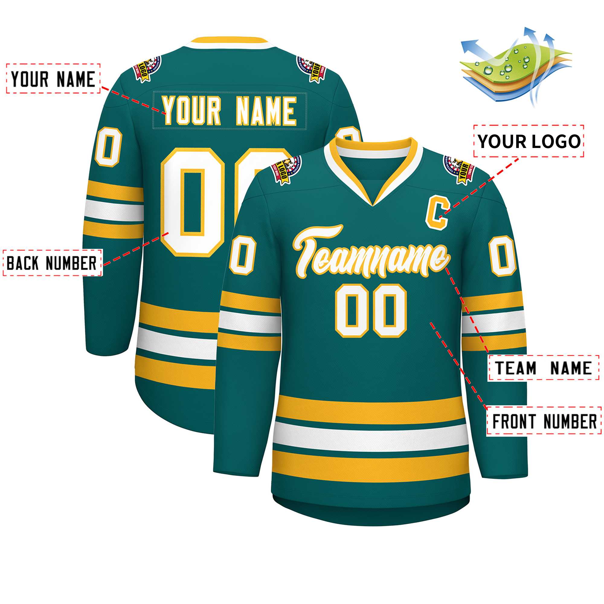 Custom Aqua White-Gold Classic Style Hockey Jersey