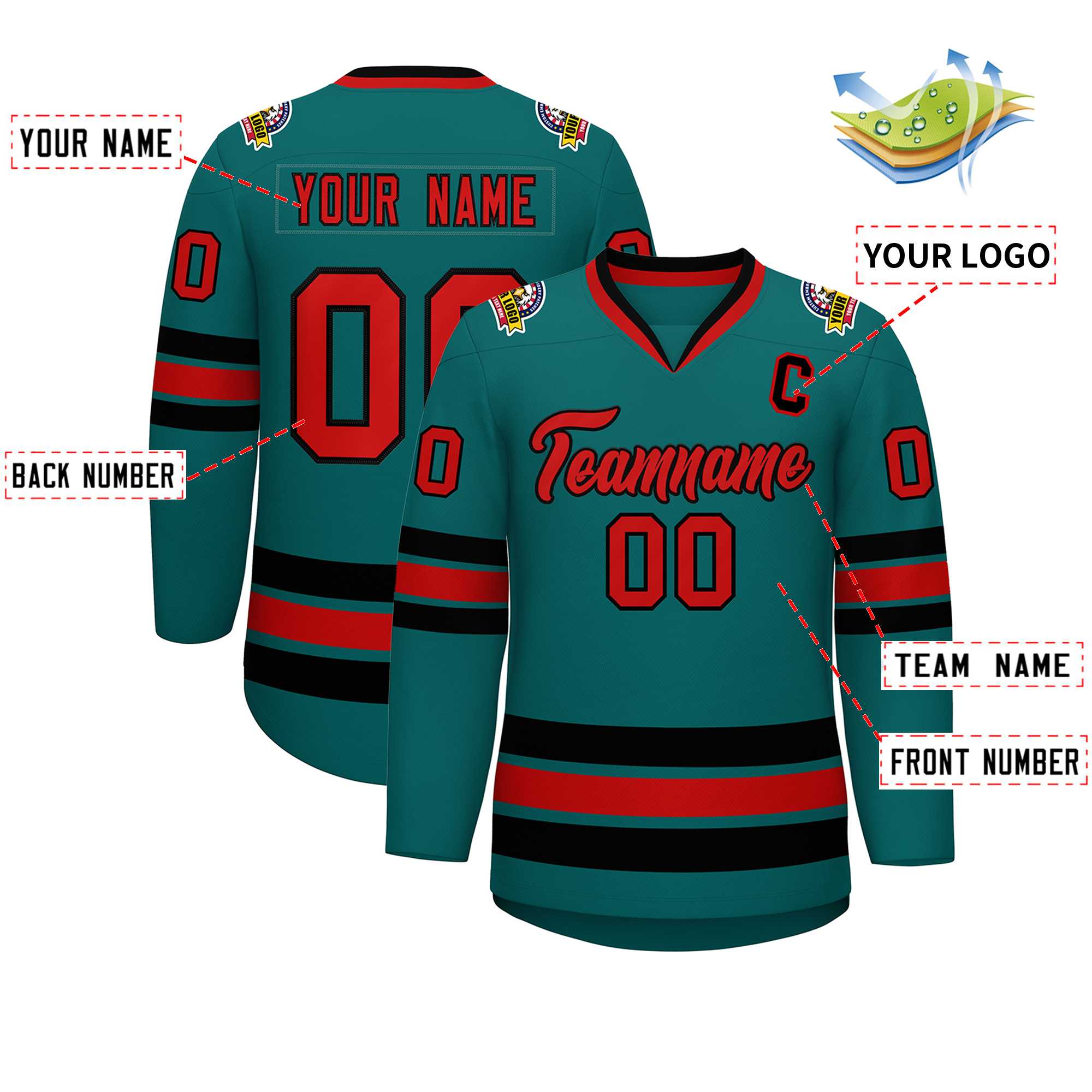 Custom Aqua Red-Black Classic Style Hockey Jersey