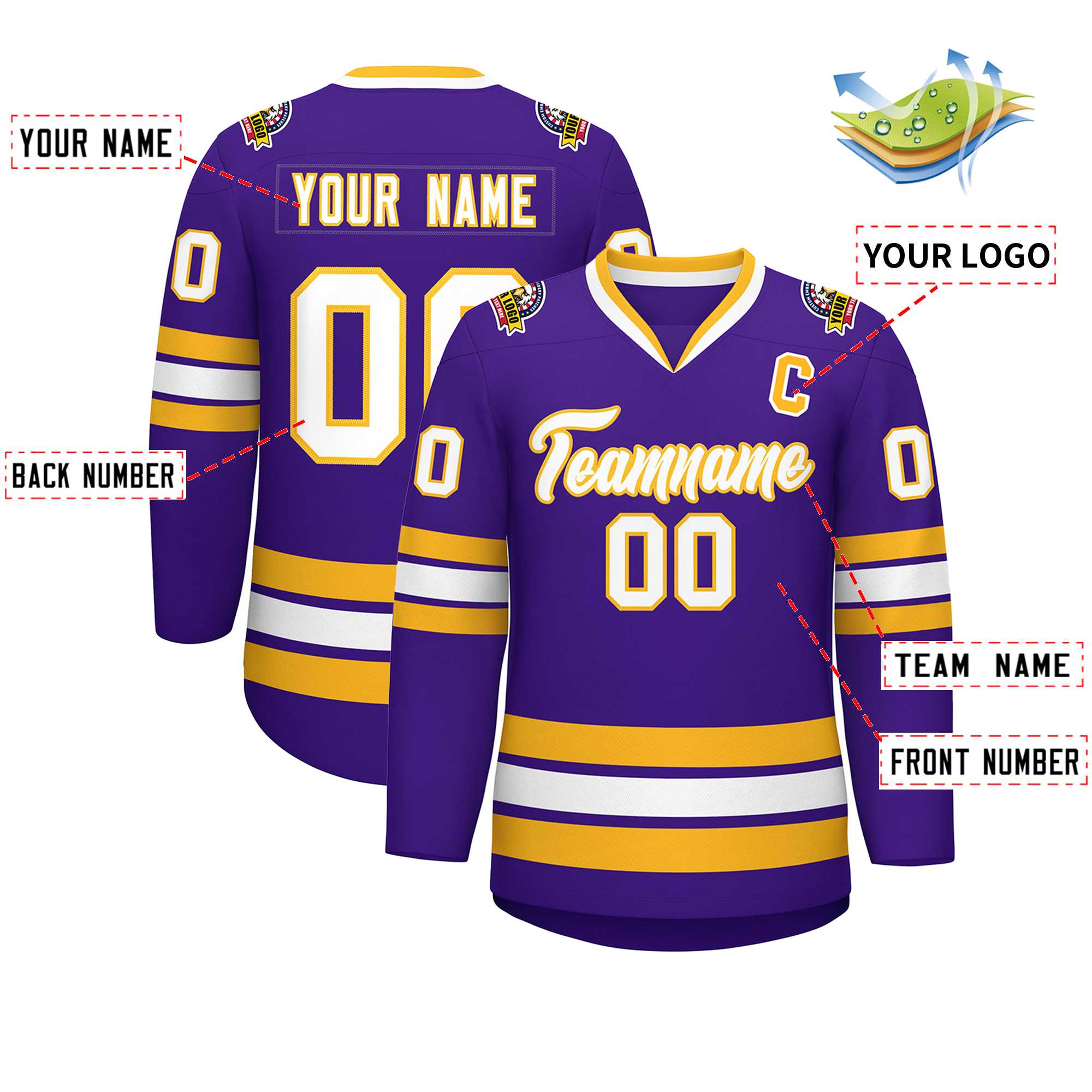 Maillot de hockey de style classique violet blanc-or personnalisé