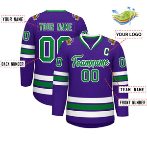 Maillot de hockey de style classique violet Kelly vert-blanc personnalisé