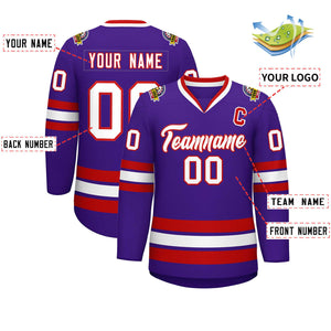 Maillot de hockey de style classique violet blanc-rouge personnalisé