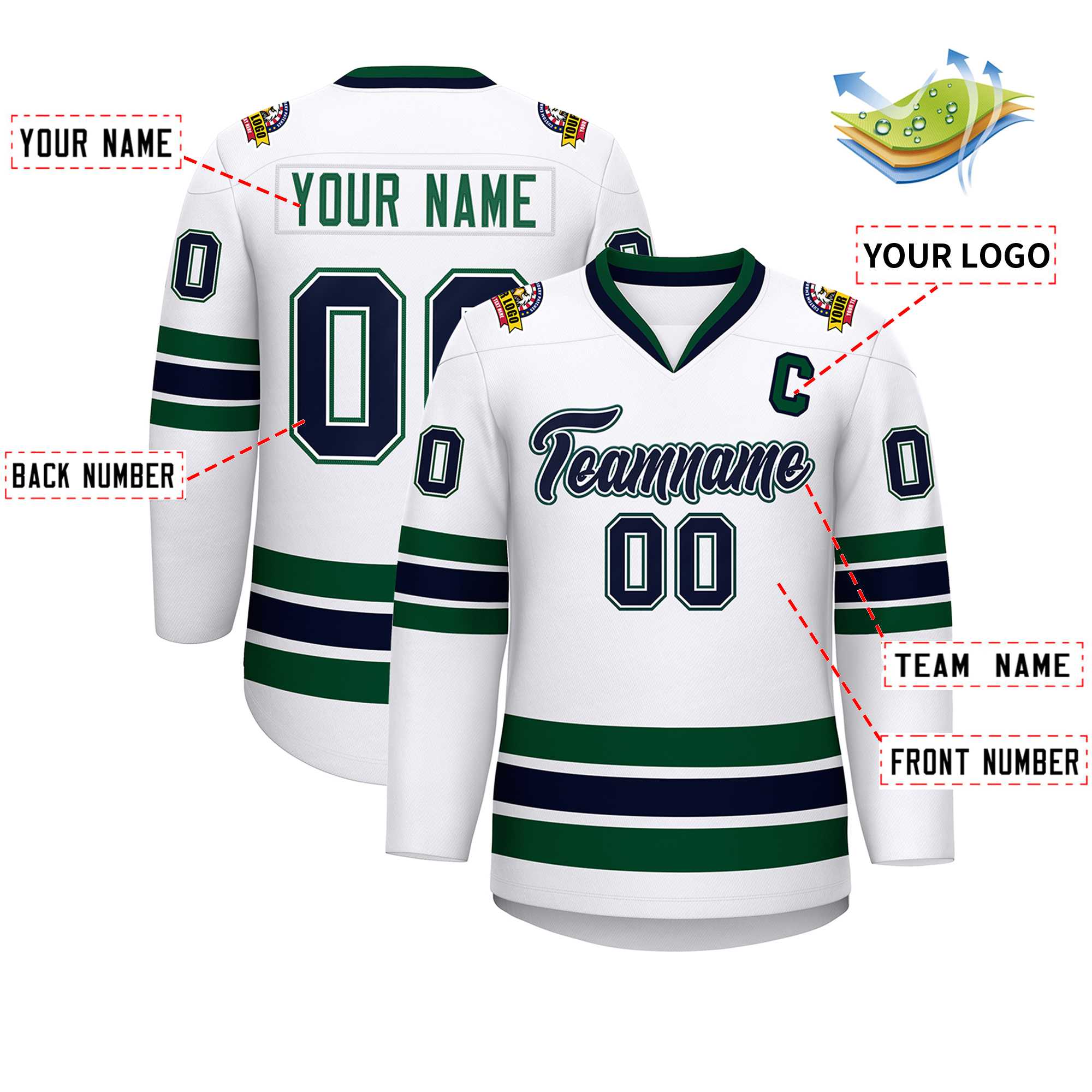 Maillot de hockey de style classique blanc-vert personnalisé blanc marine