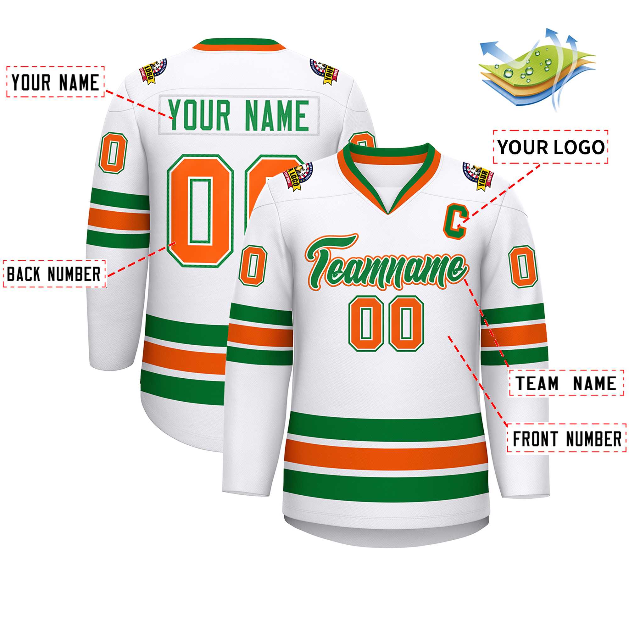 Maillot de hockey personnalisé blanc Kelly vert blanc-Orange, style classique