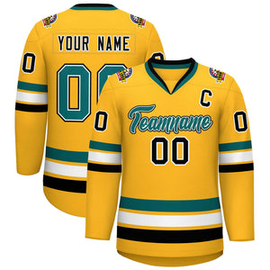 Maillot de hockey de style classique personnalisé Gold Aqua blanc-noir