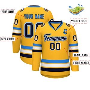 Custom Gold Navy White-Powder Blue Classic Style Hockey Jersey