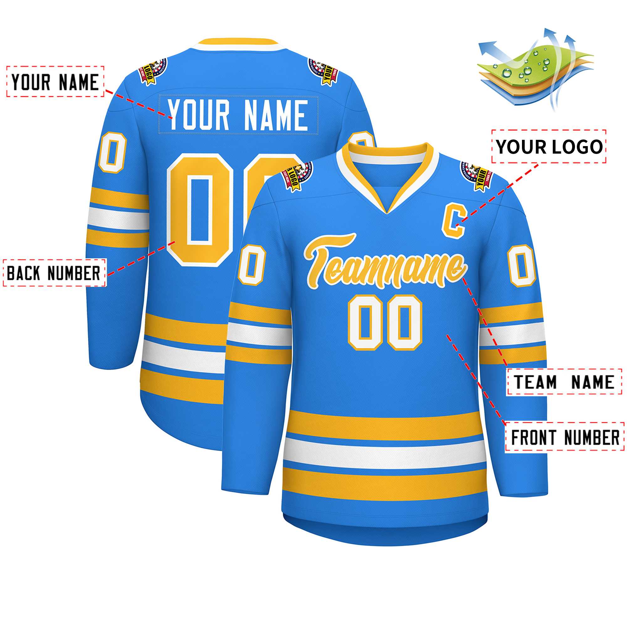 Custom Powder Blue Gold-White Classic Style Hockey Jersey