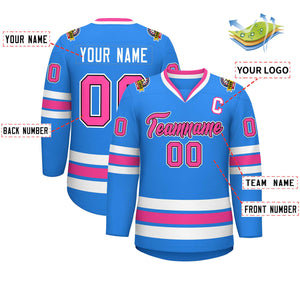 Custom Powder Blue Pink Black-White Classic Style Hockey Jersey