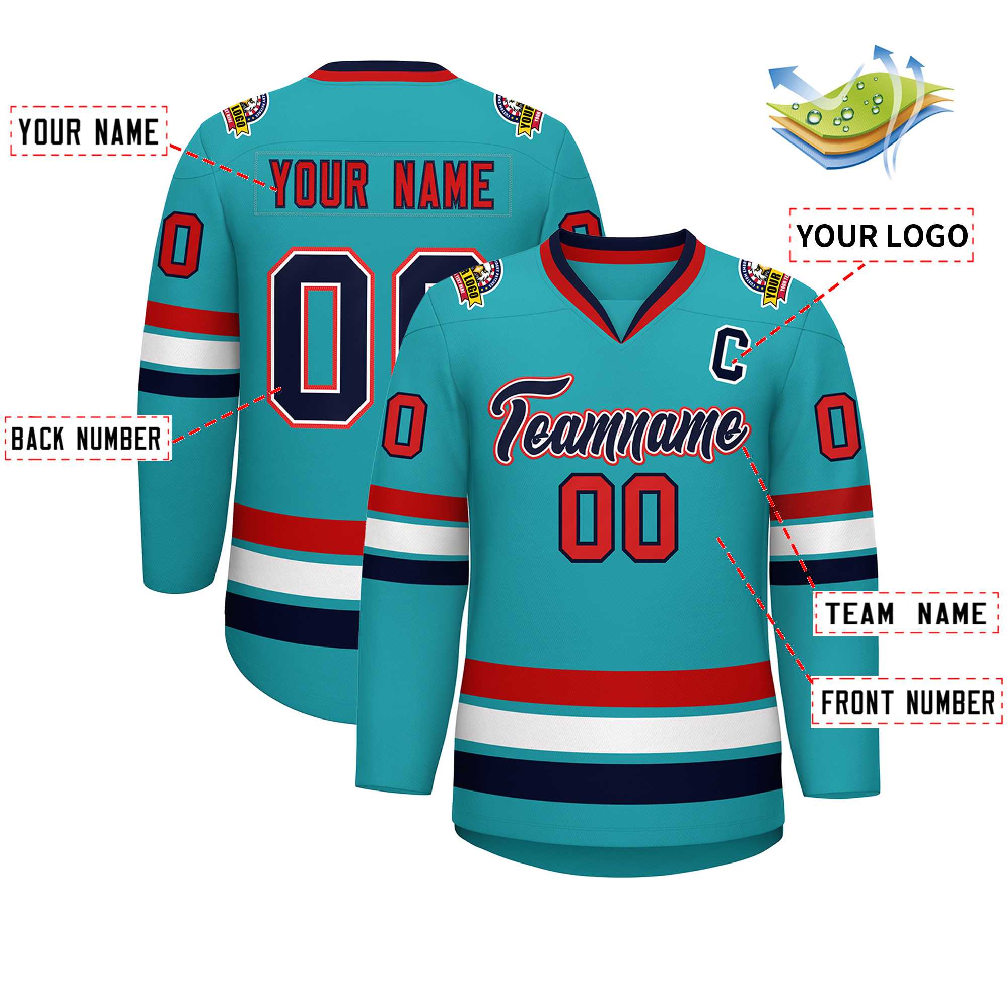 Custom Aqua Navy White-Red Classic Style Hockey Jersey