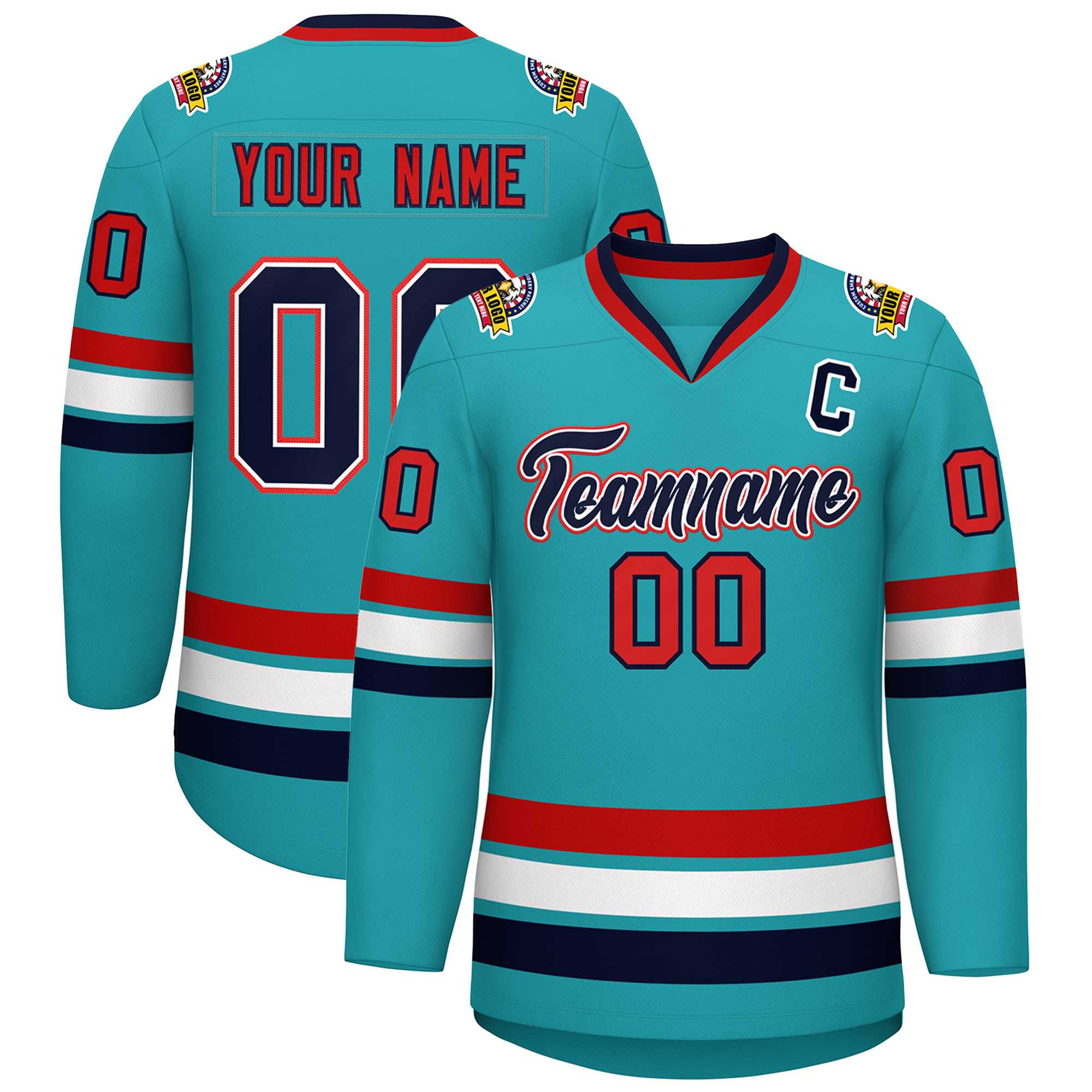 Custom Aqua Navy White-Red Classic Style Hockey Jersey