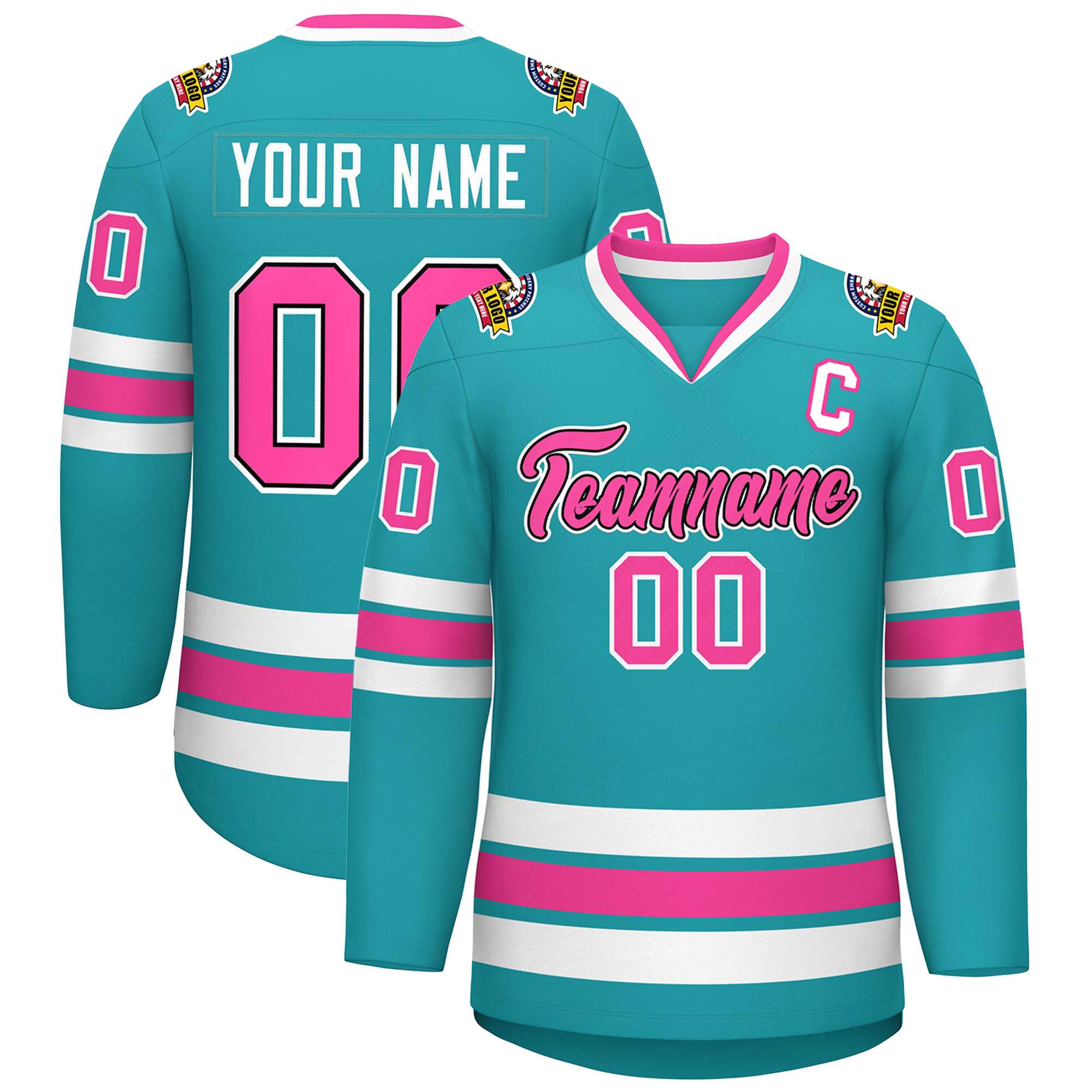 Maillot de hockey de style classique personnalisé Aqua Pink Navy-White