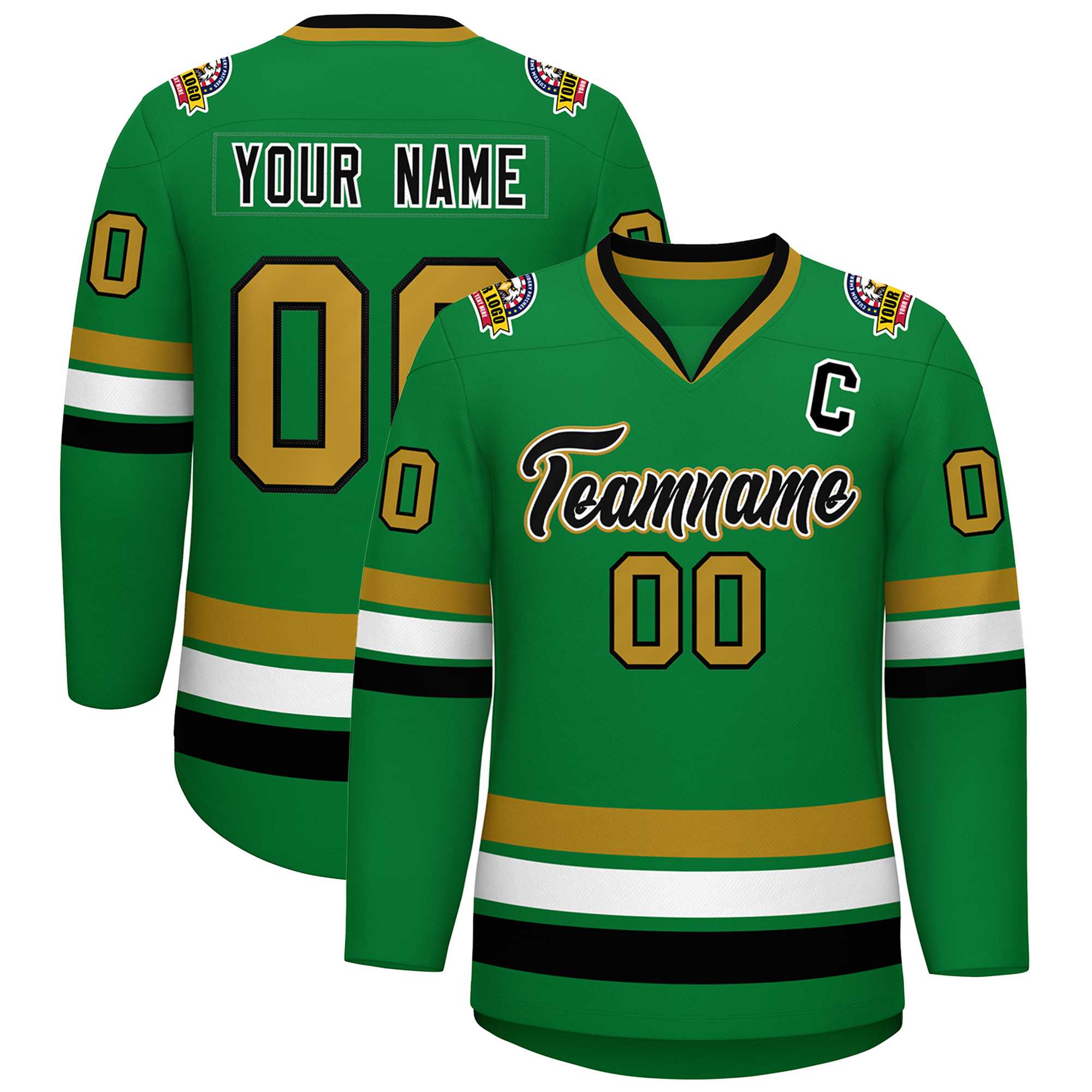 Custom Kelly Green Black White-Old Gold Classic Style Hockey Jersey