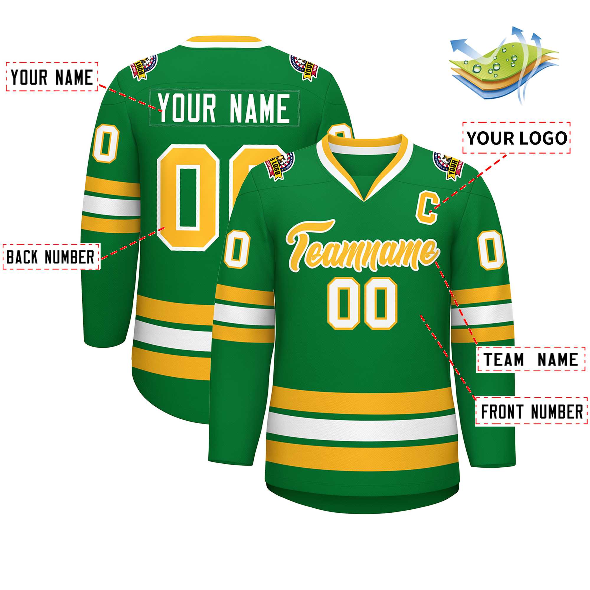 Maillot de hockey de style classique Kelly vert or-blanc personnalisé