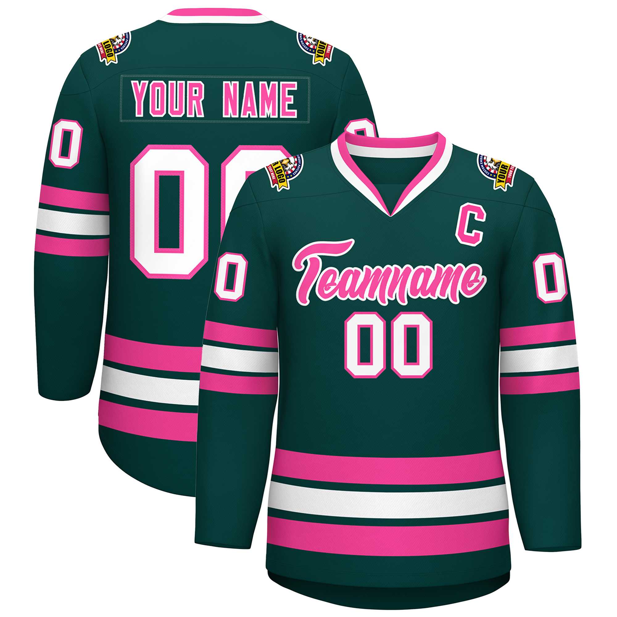 Custom Midnight Green Pink-White Classic Style Hockey Jersey