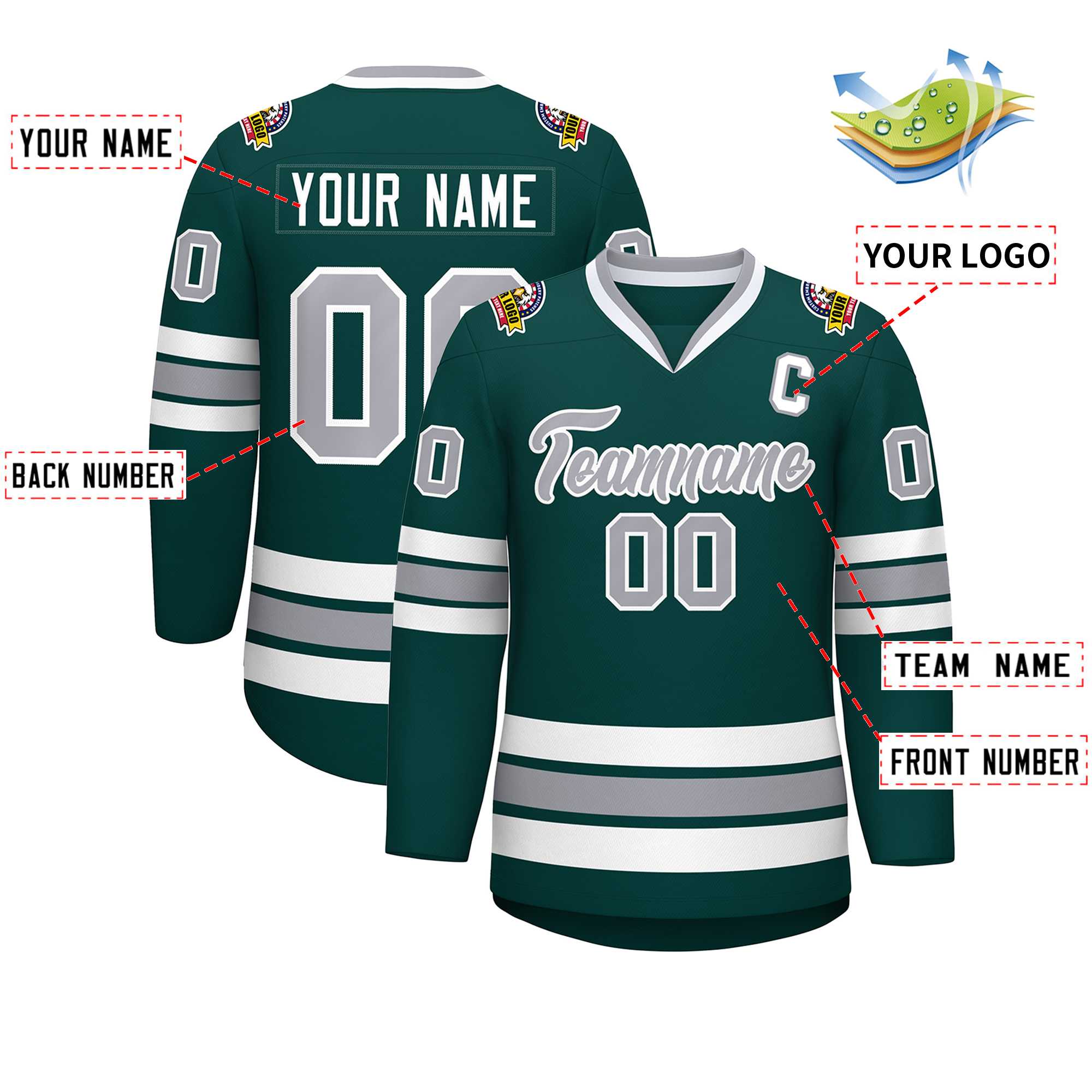 Custom Midnight Green Gray-White Classic Style Hockey Jersey