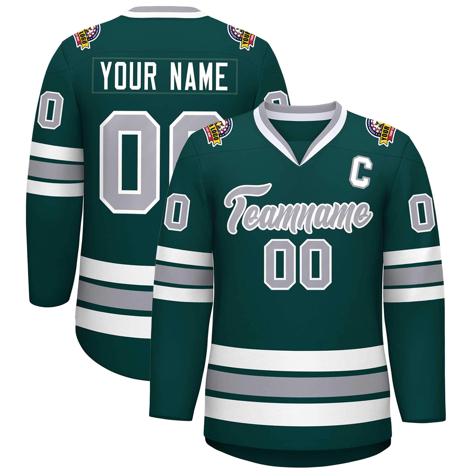 Custom Midnight Green Gray-White Classic Style Hockey Jersey