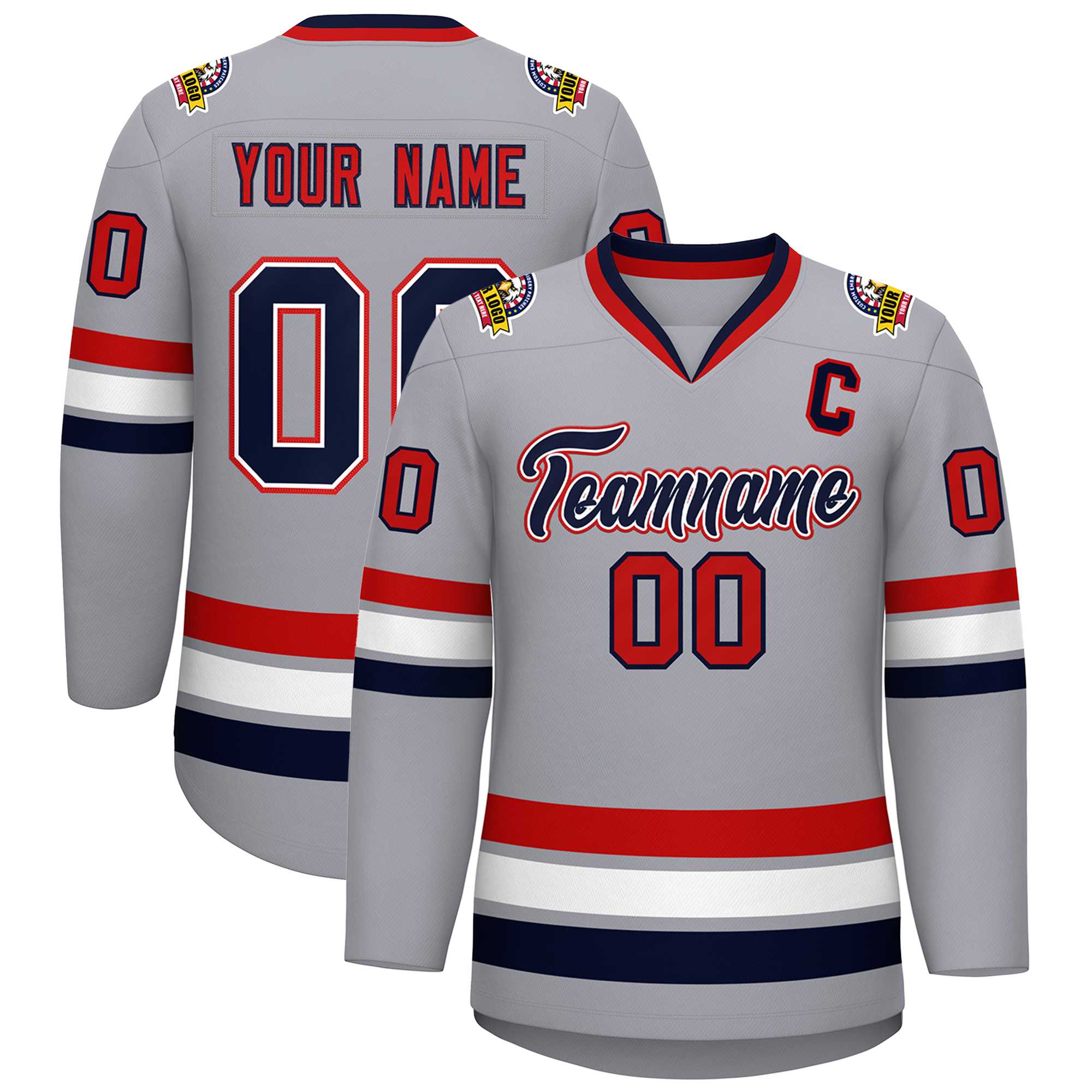 Custom Gray Navy White-Red Classic Style Hockey Jersey