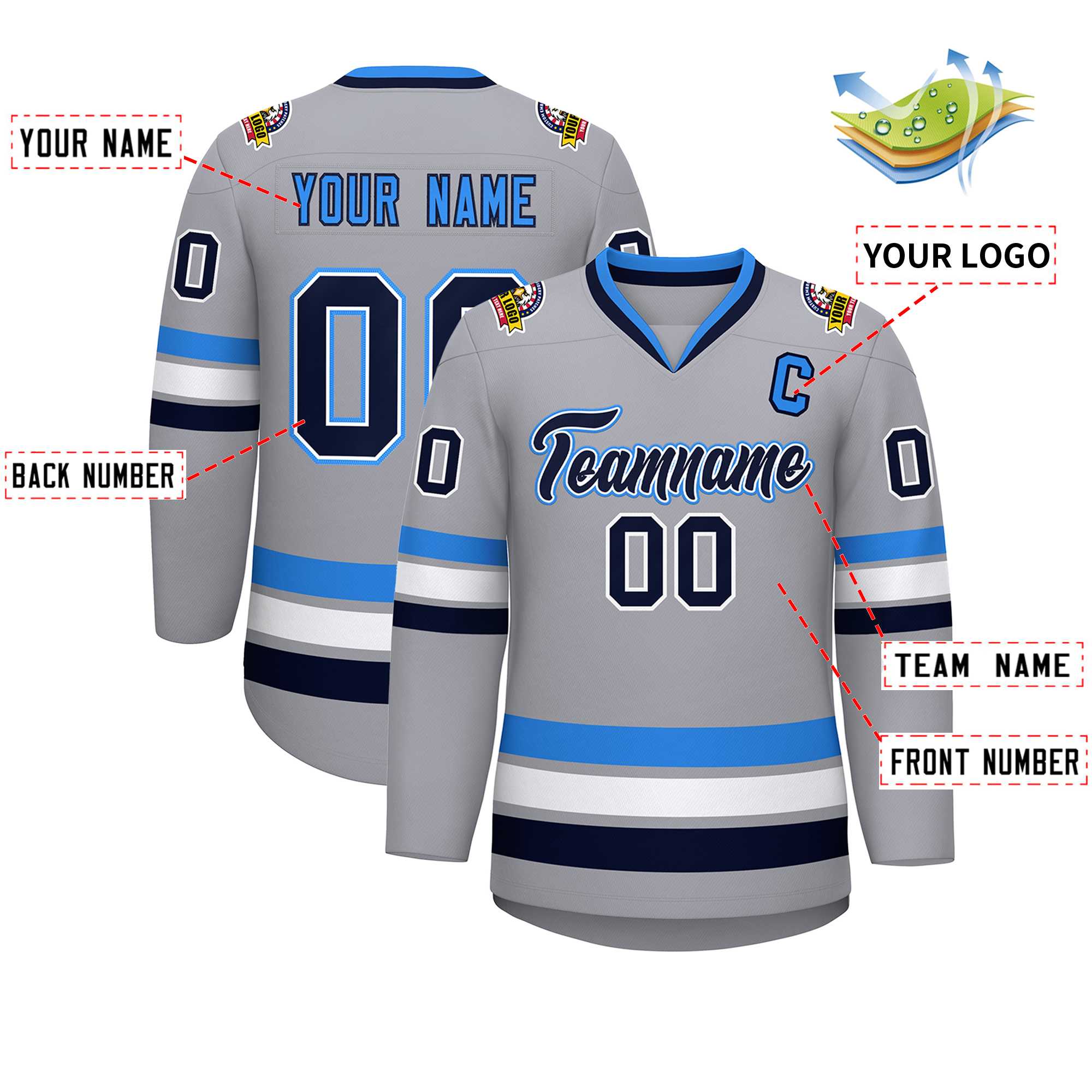 Maillot de hockey personnalisé gris marine blanc-bleu poudre, style classique