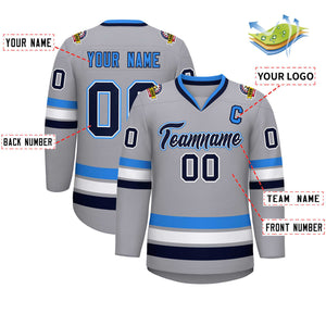 Maillot de hockey personnalisé gris marine blanc-bleu poudre, style classique