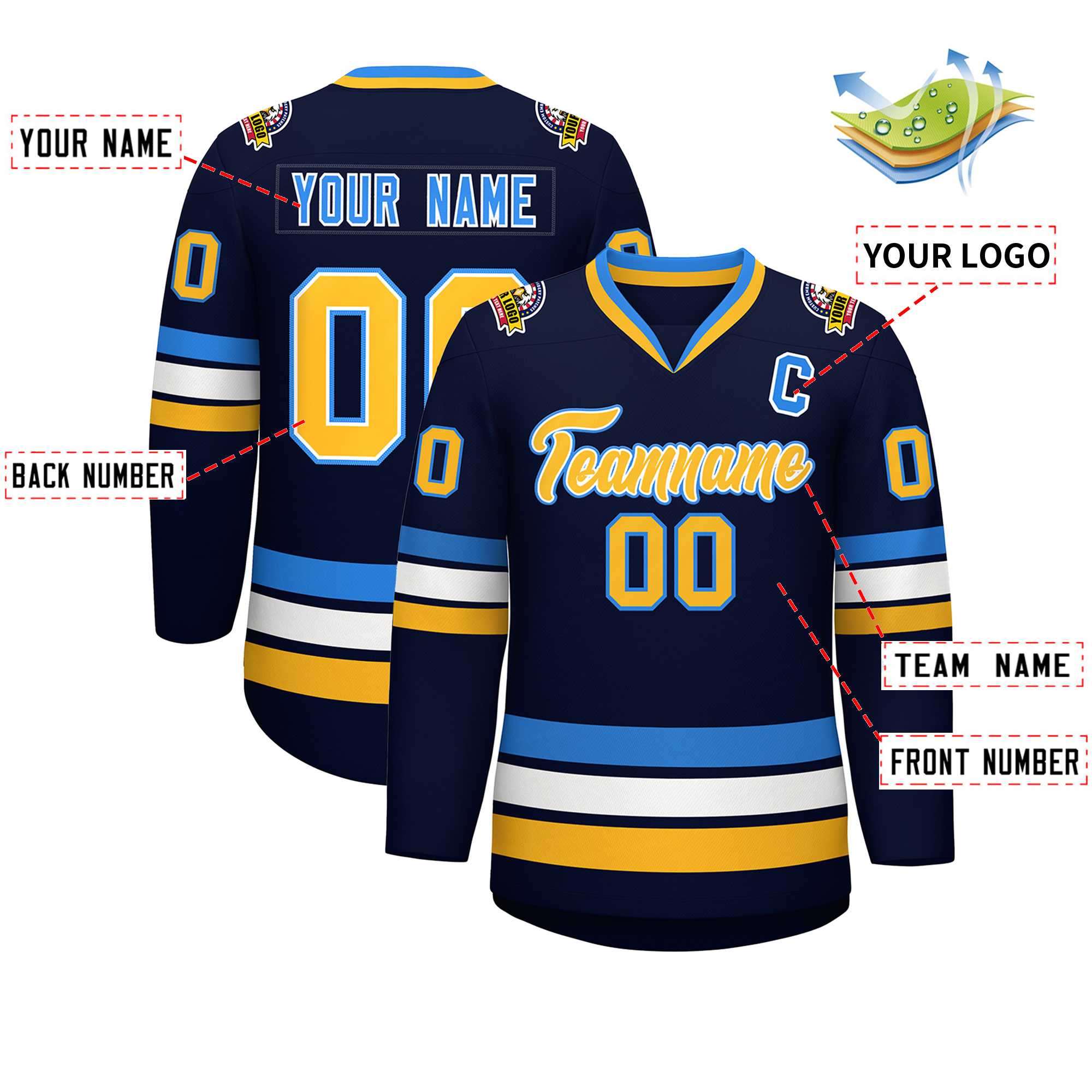 Custom Navy Gold White-Powder Blue Classic Style Hockey Jersey