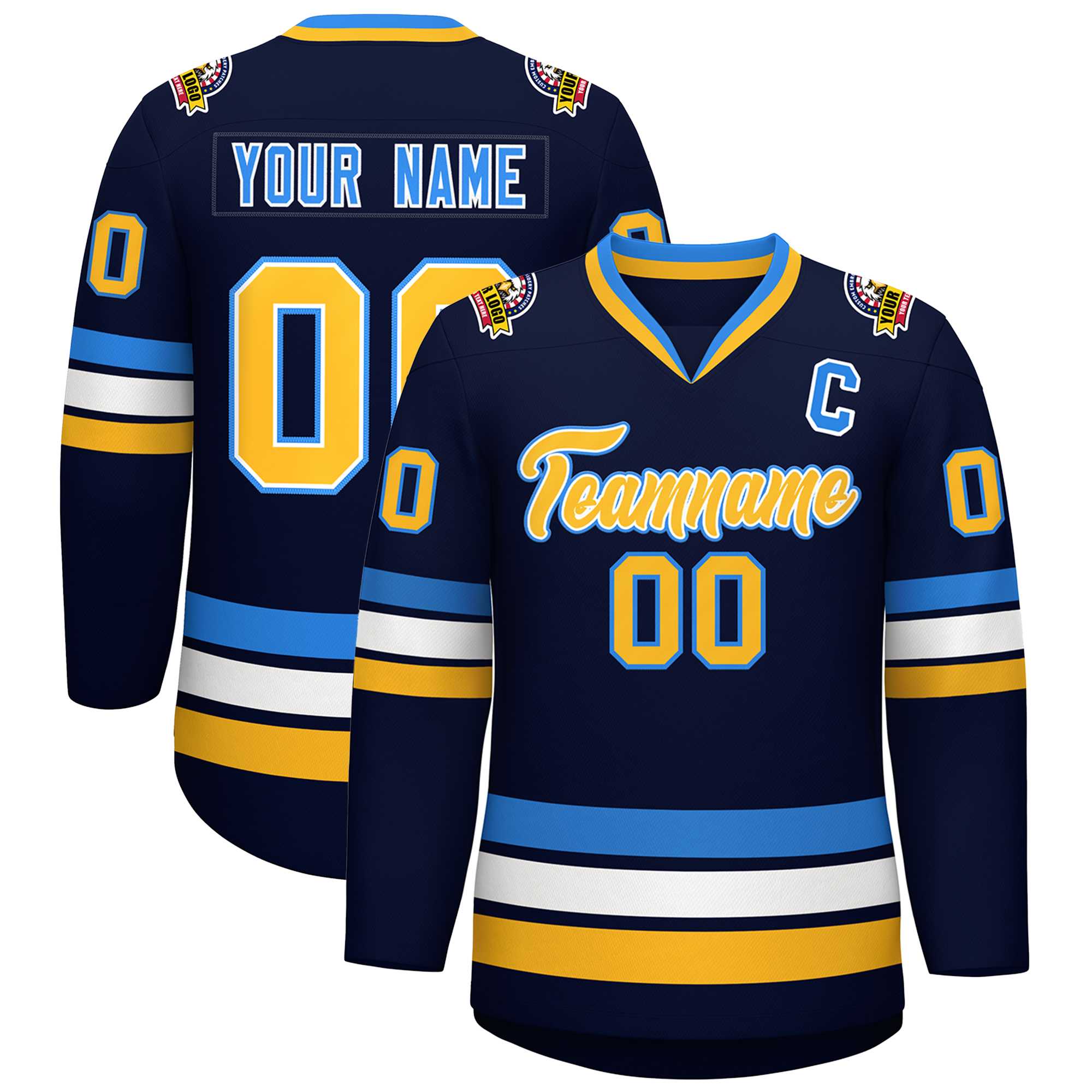 Custom Navy Gold White-Powder Blue Classic Style Hockey Jersey