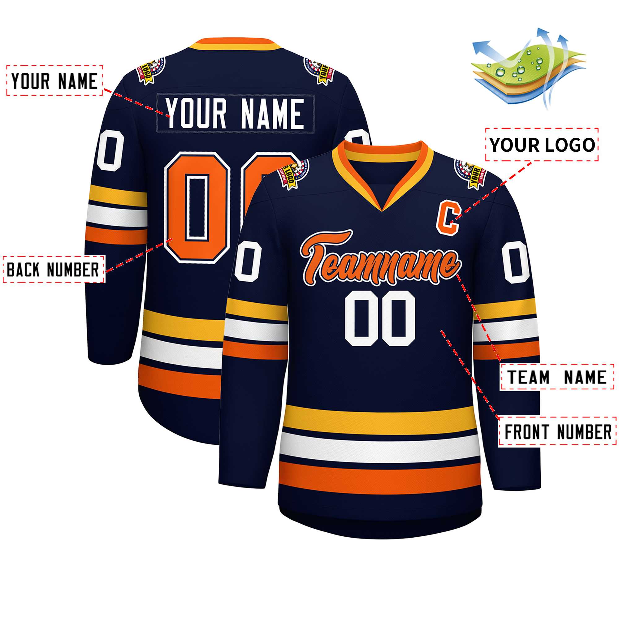 Custom Navy Orange Navy-White Classic Style Hockey Jersey