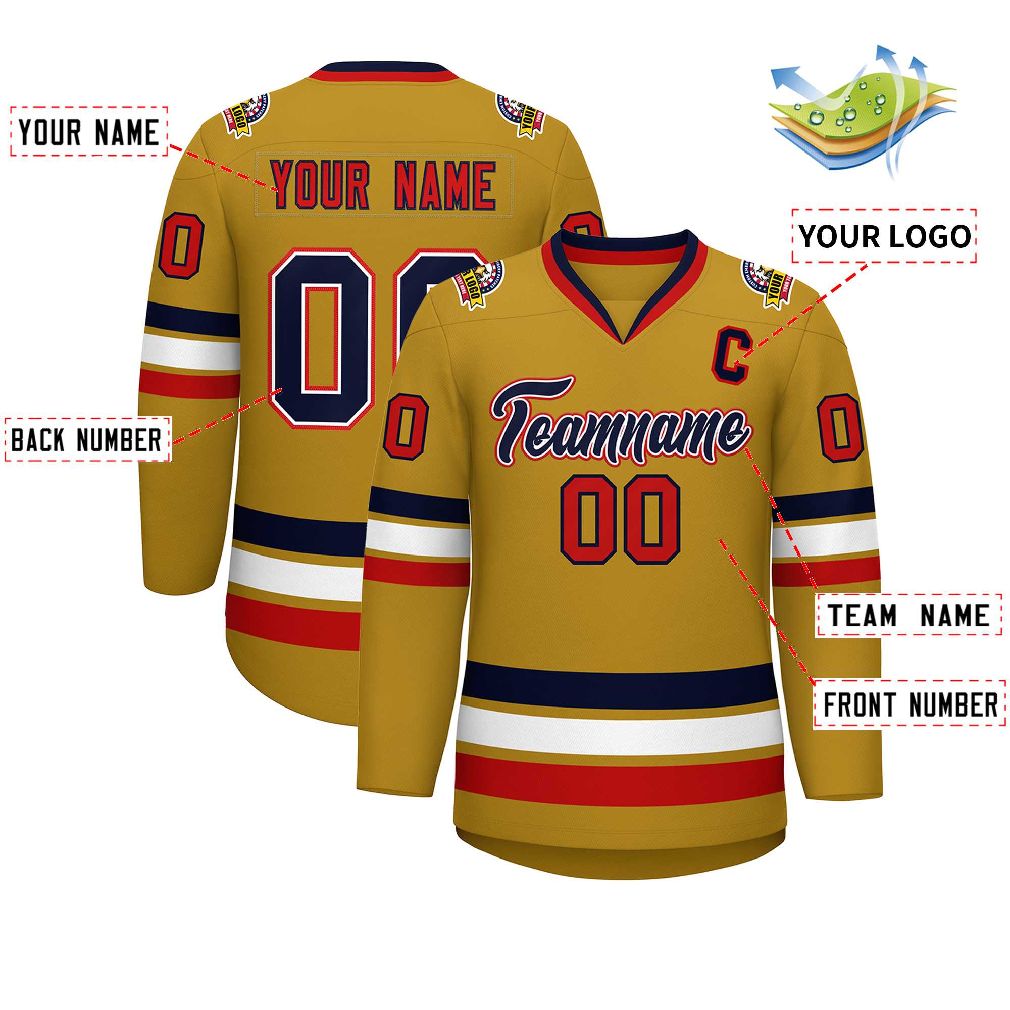 Custom Old Gold Navy White-Red Classic Style Hockey Jersey