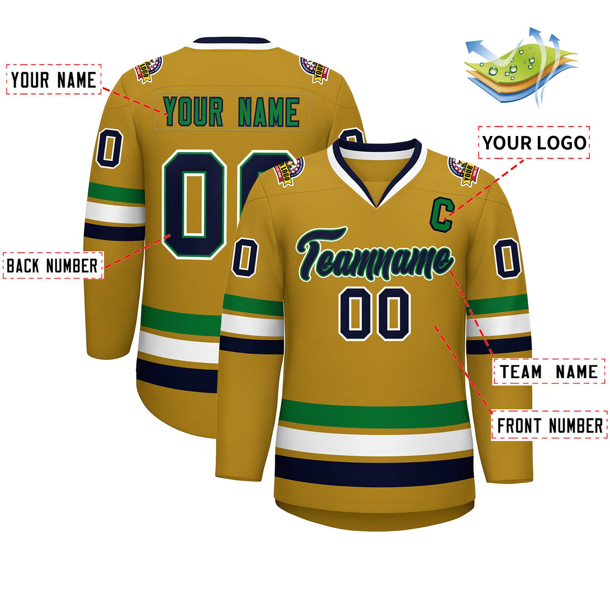 Maillot de hockey personnalisé Old Gold Navy Kelly vert-blanc, Style classique