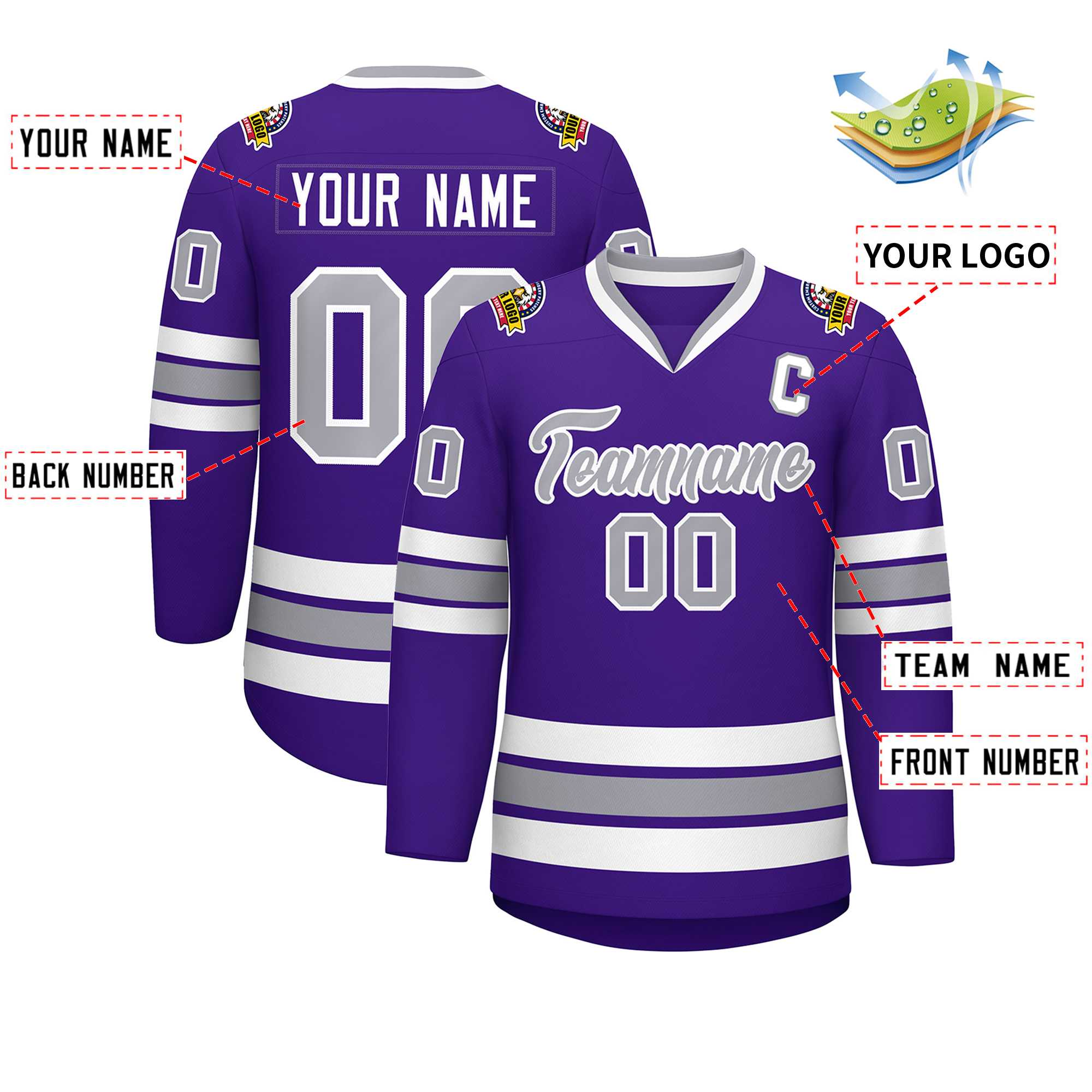 Maillot de hockey de style classique violet gris-blanc personnalisé