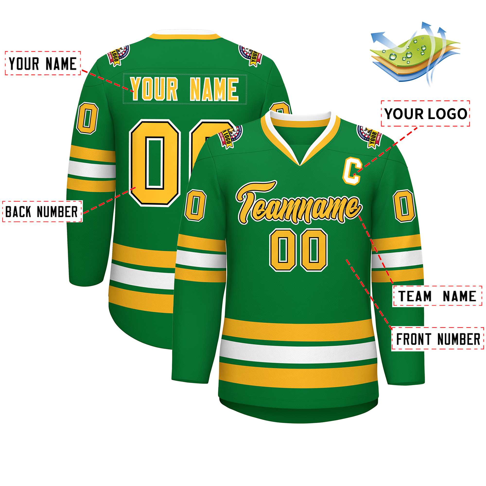 Custom Kelly Green Gold Black-White Classic Style Hockey Jersey