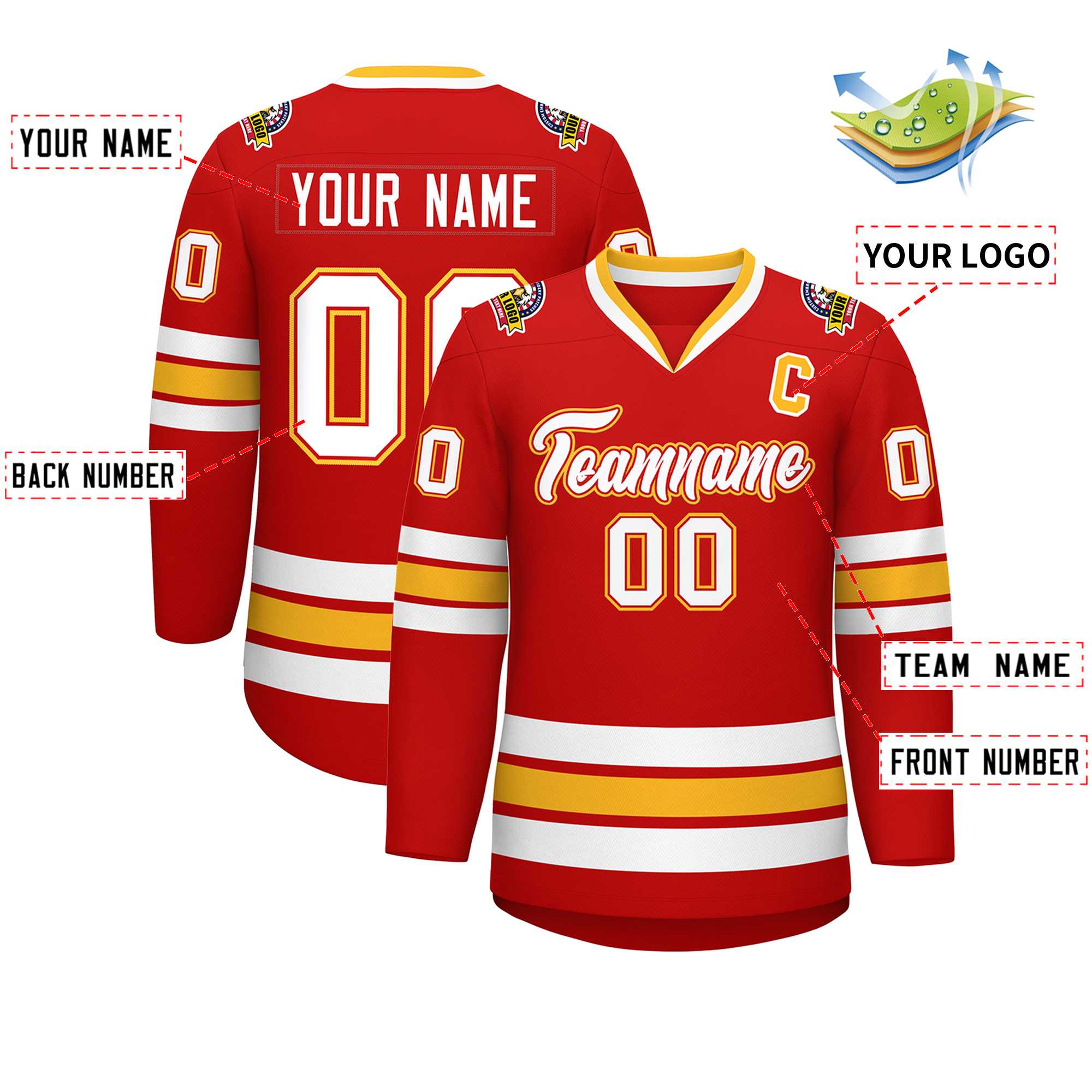 Custom Red White Red-Gold Classic Style Hockey Jersey