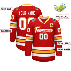 Custom Red White Red-Gold Classic Style Hockey Jersey