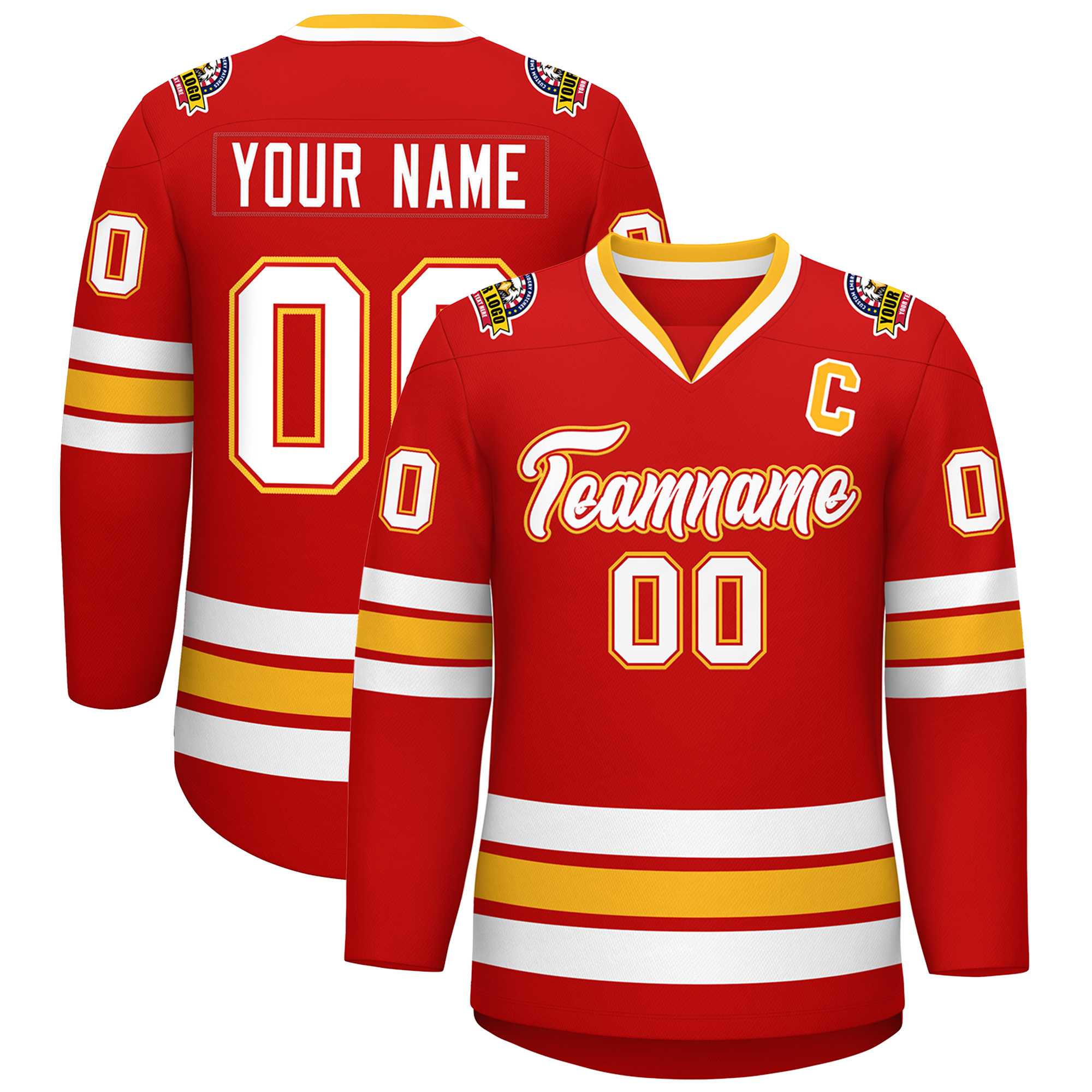 Custom Red White Red-Gold Classic Style Hockey Jersey