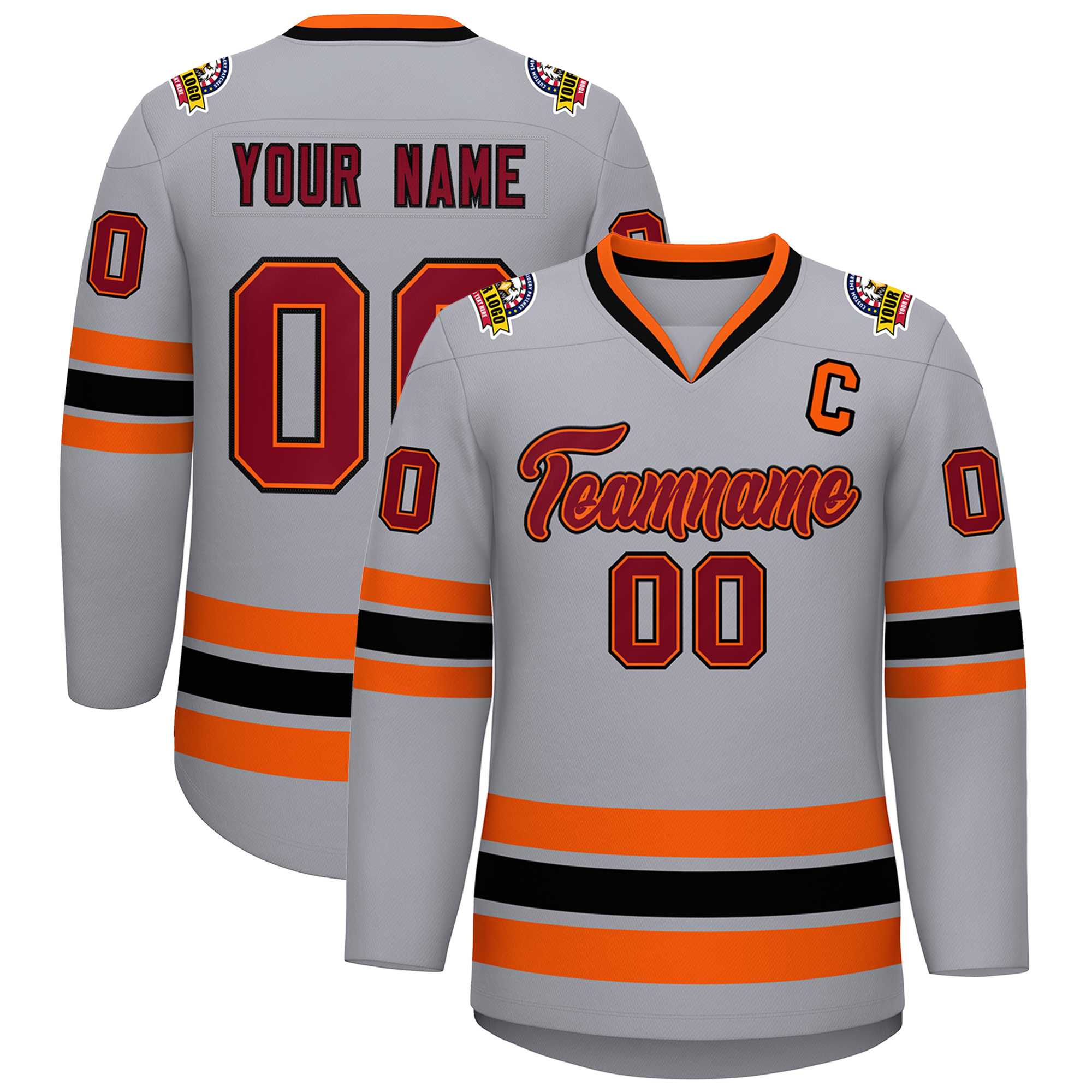 Maillot de hockey de style classique gris cramoisi orange-noir personnalisé