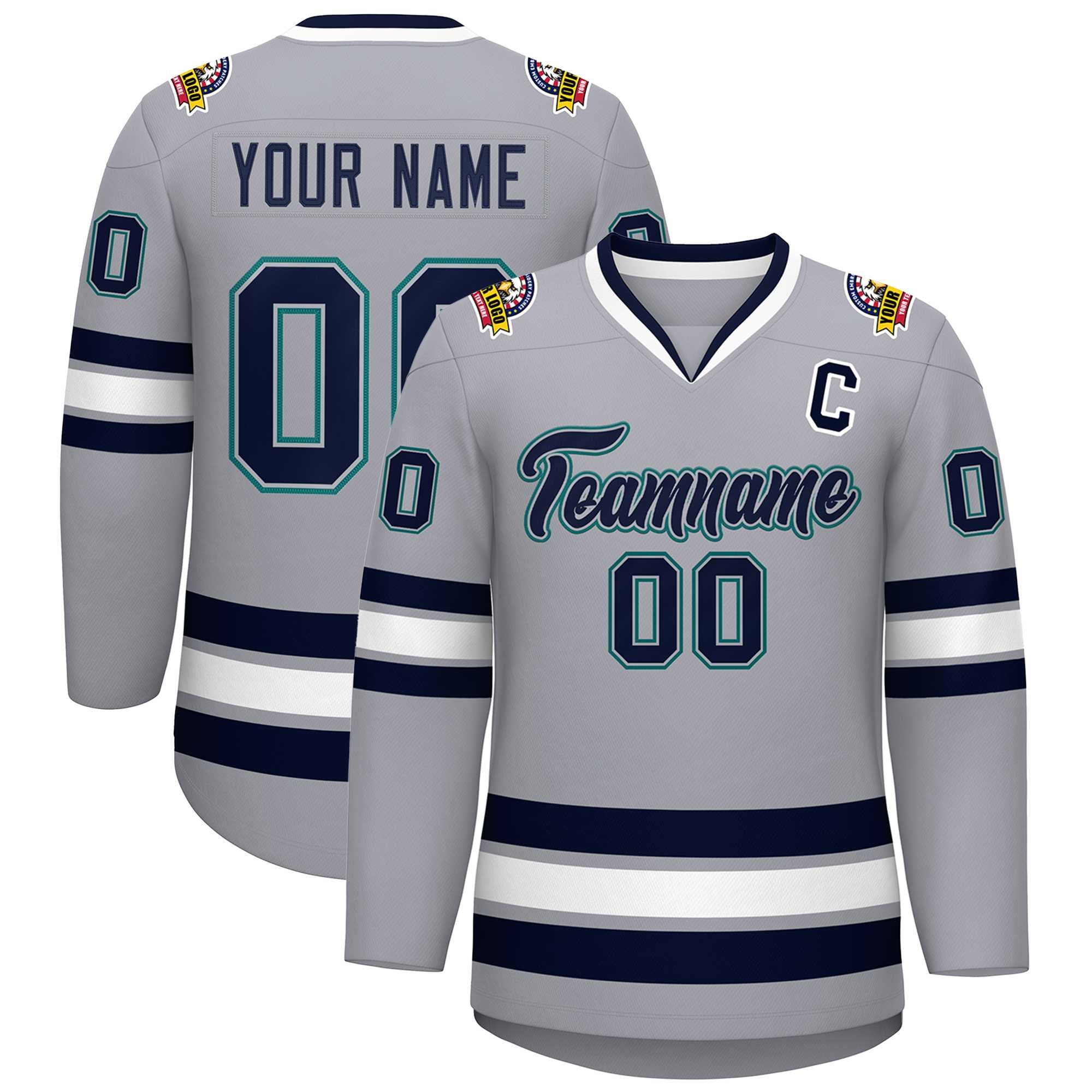 Custom Gray Navy Gray-Aqua Classic Style Hockey Jersey