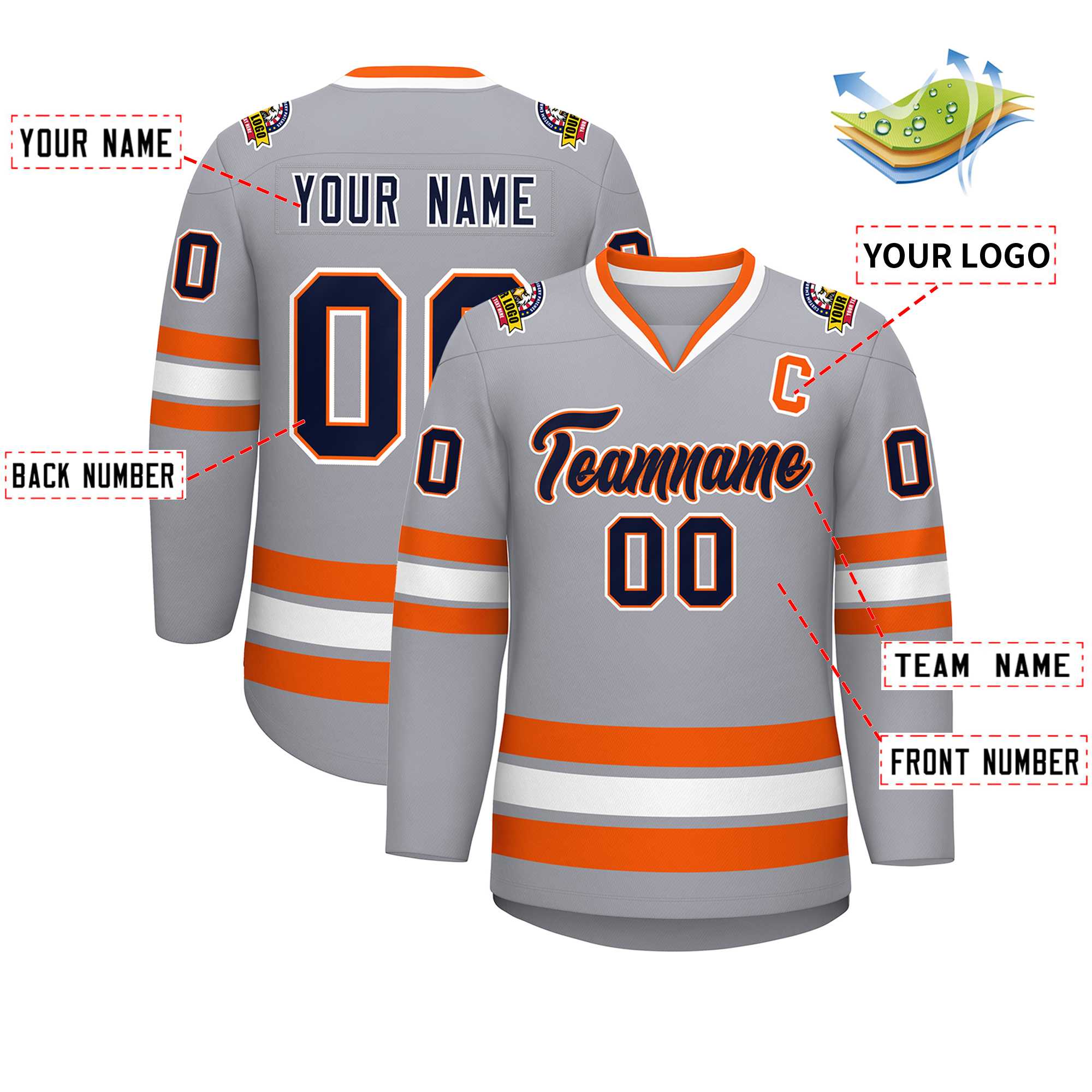 Maillot de hockey de style classique personnalisé gris marine orange-blanc