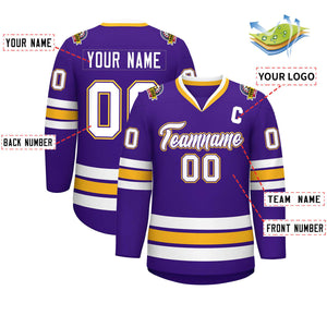 Custom Purple White Purple-Gold Classic Style Hockey Jersey