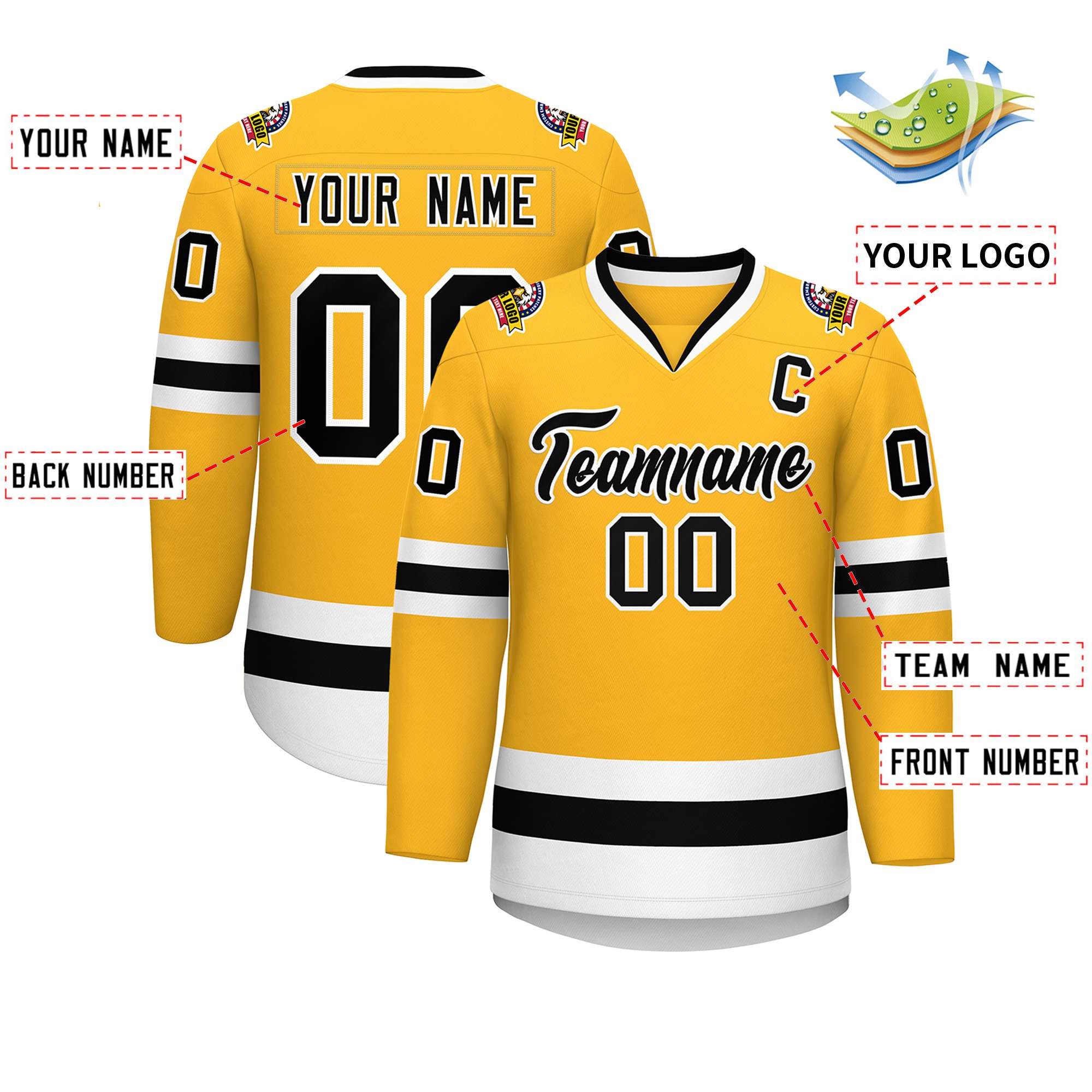 Custom Gold Black-White Classic Style Hockey Jersey