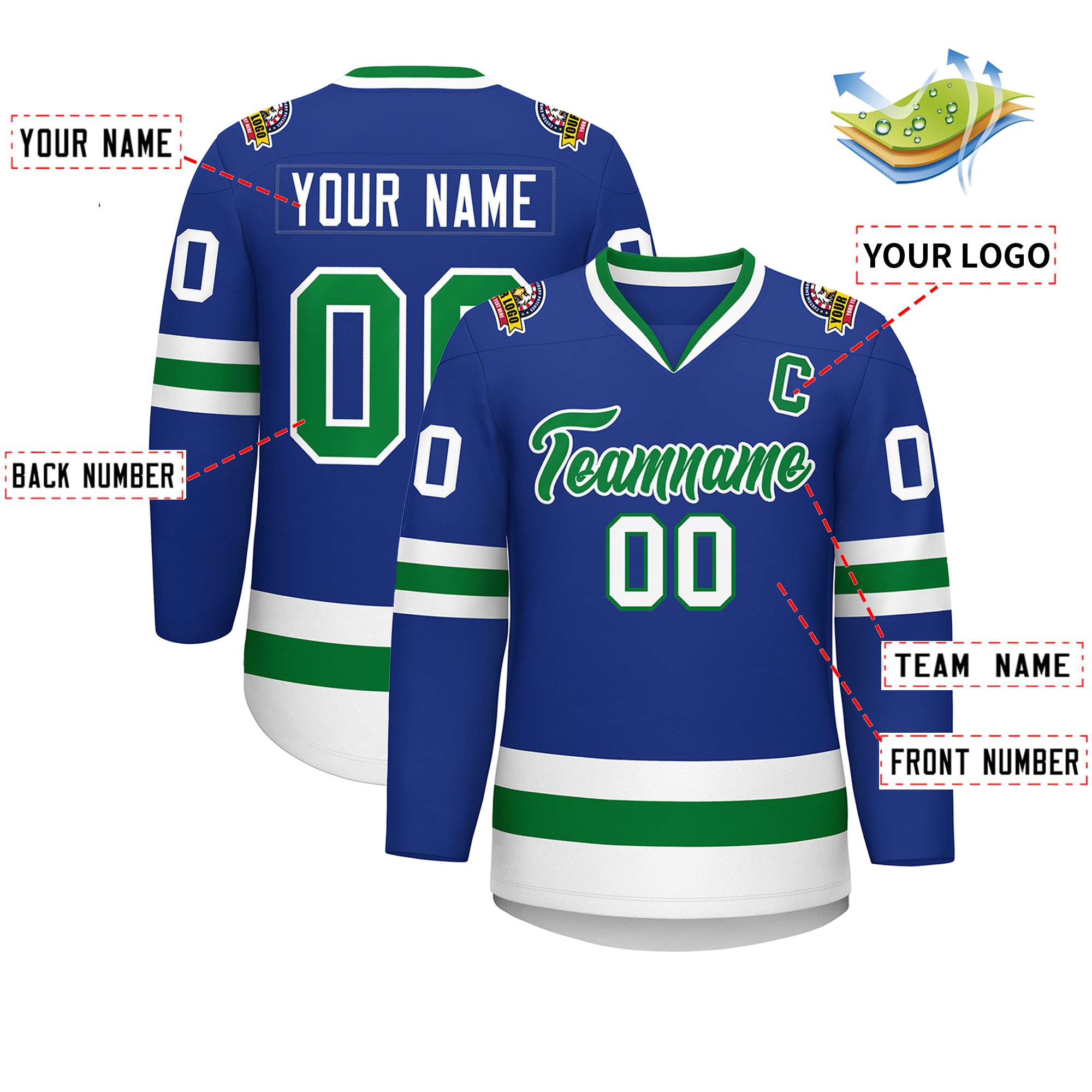 Maillot de hockey personnalisé Royal Kelly vert-blanc de style classique