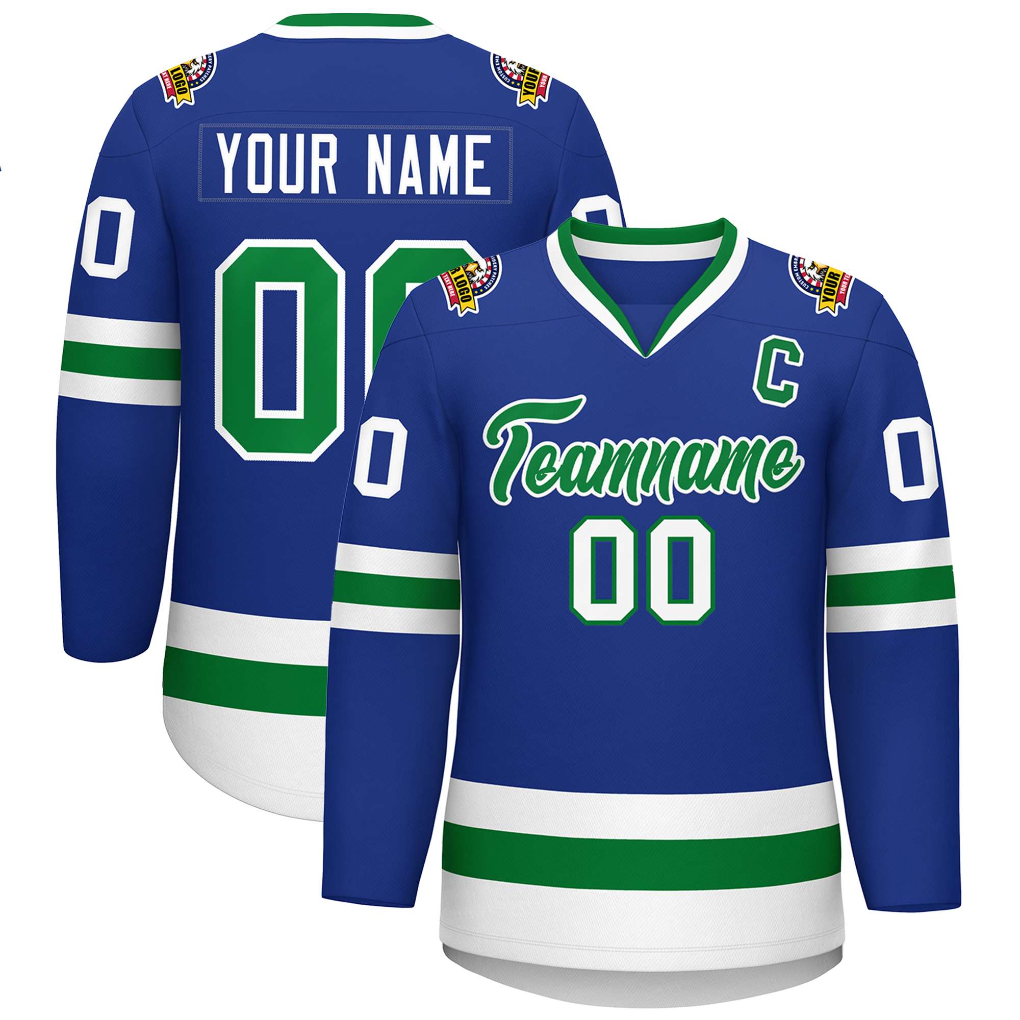 Custom Royal Kelly Green-White Classic Style Hockey Jersey