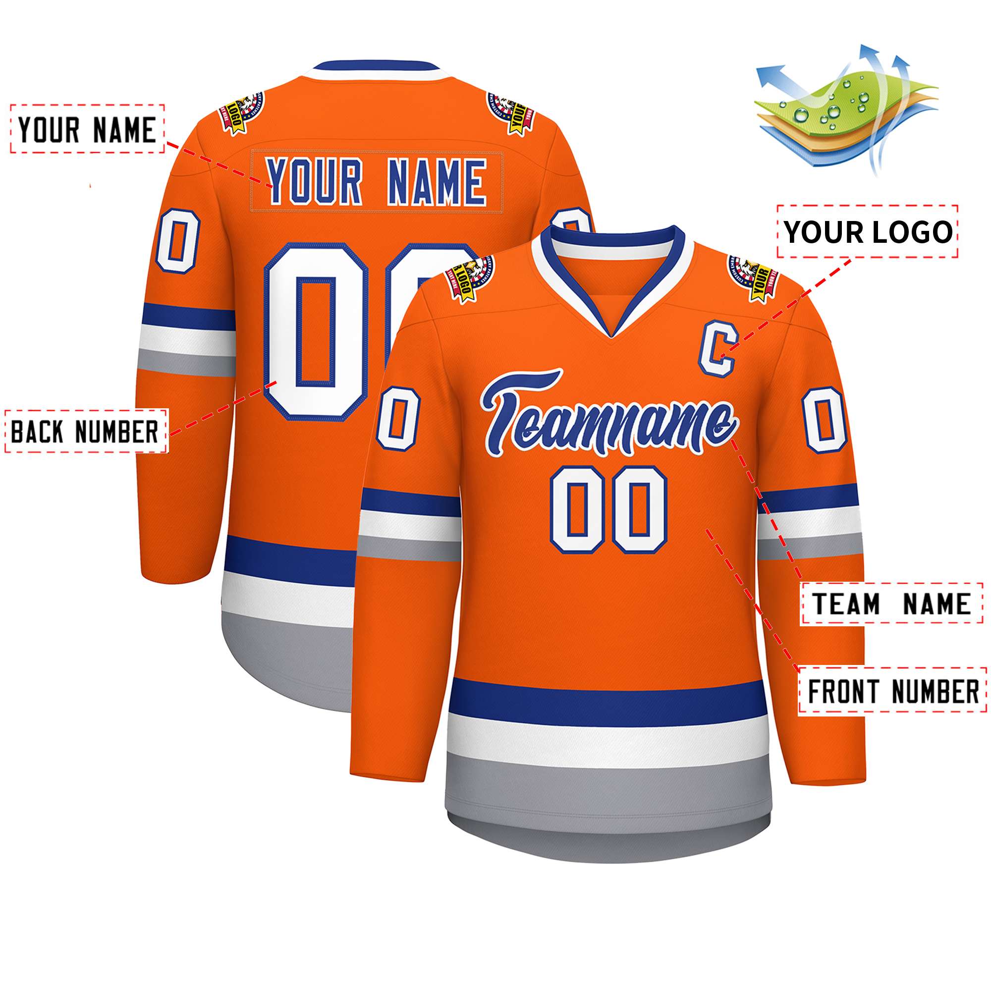 Custom Orange Royal-White Classic Style Hockey Jersey