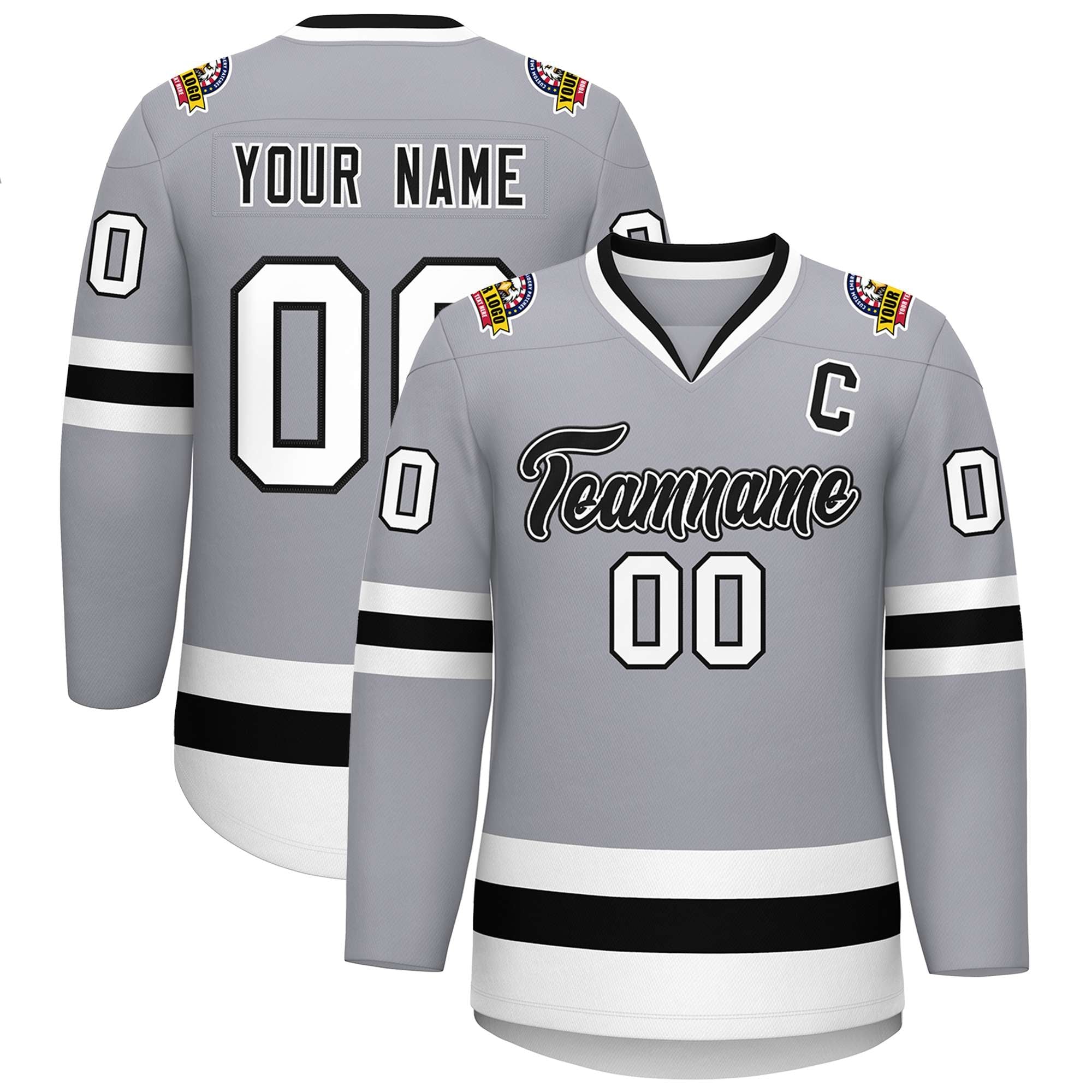 Custom Gray Black White-Black Classic Style Hockey Jersey