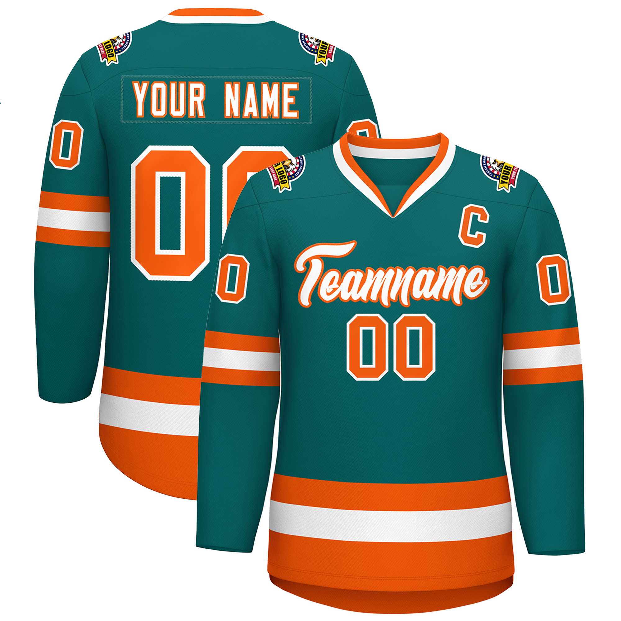 Custom Teal White-Orange Classic Style Hockey Jersey