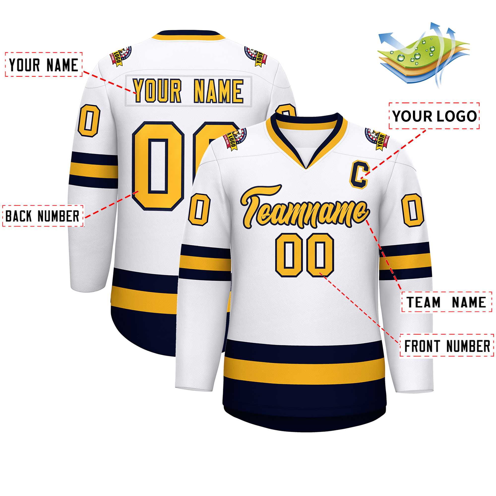 Custom White Gold-Navy Classic Style Hockey Jersey