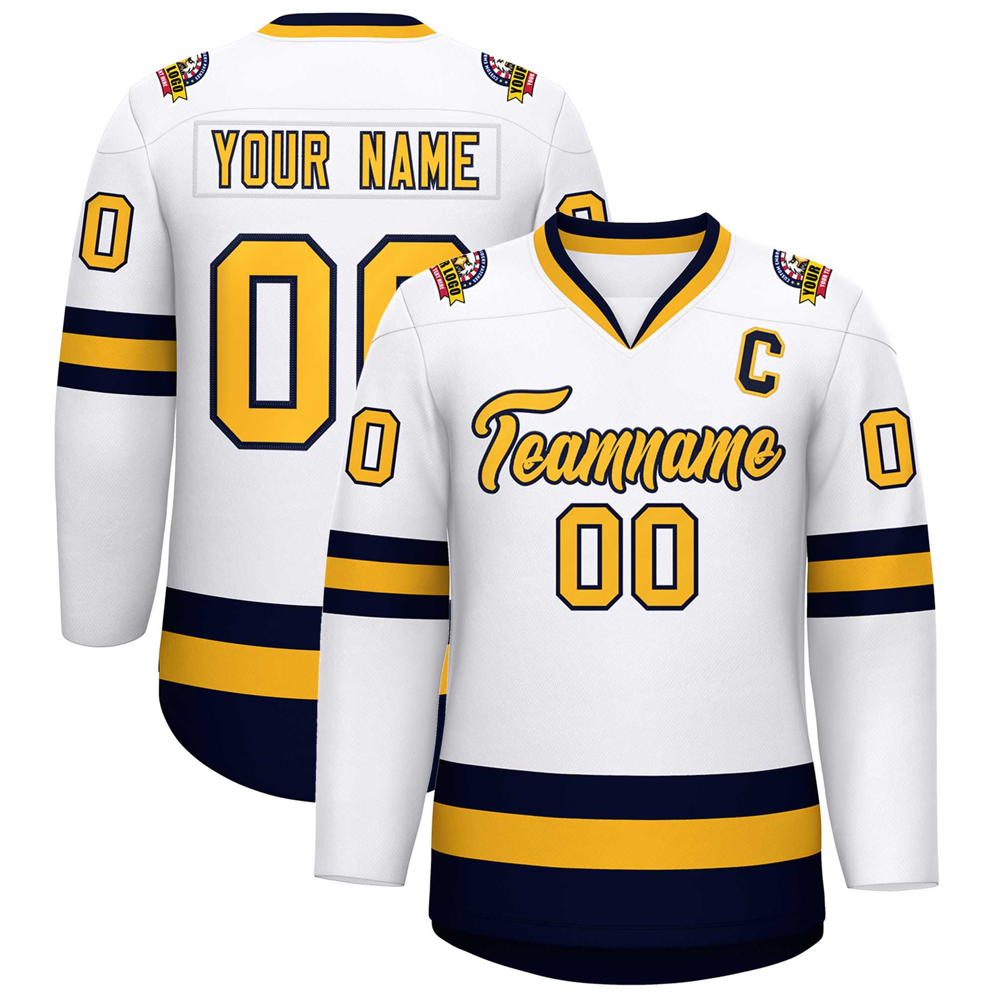 Custom White Gold-Navy Classic Style Hockey Jersey