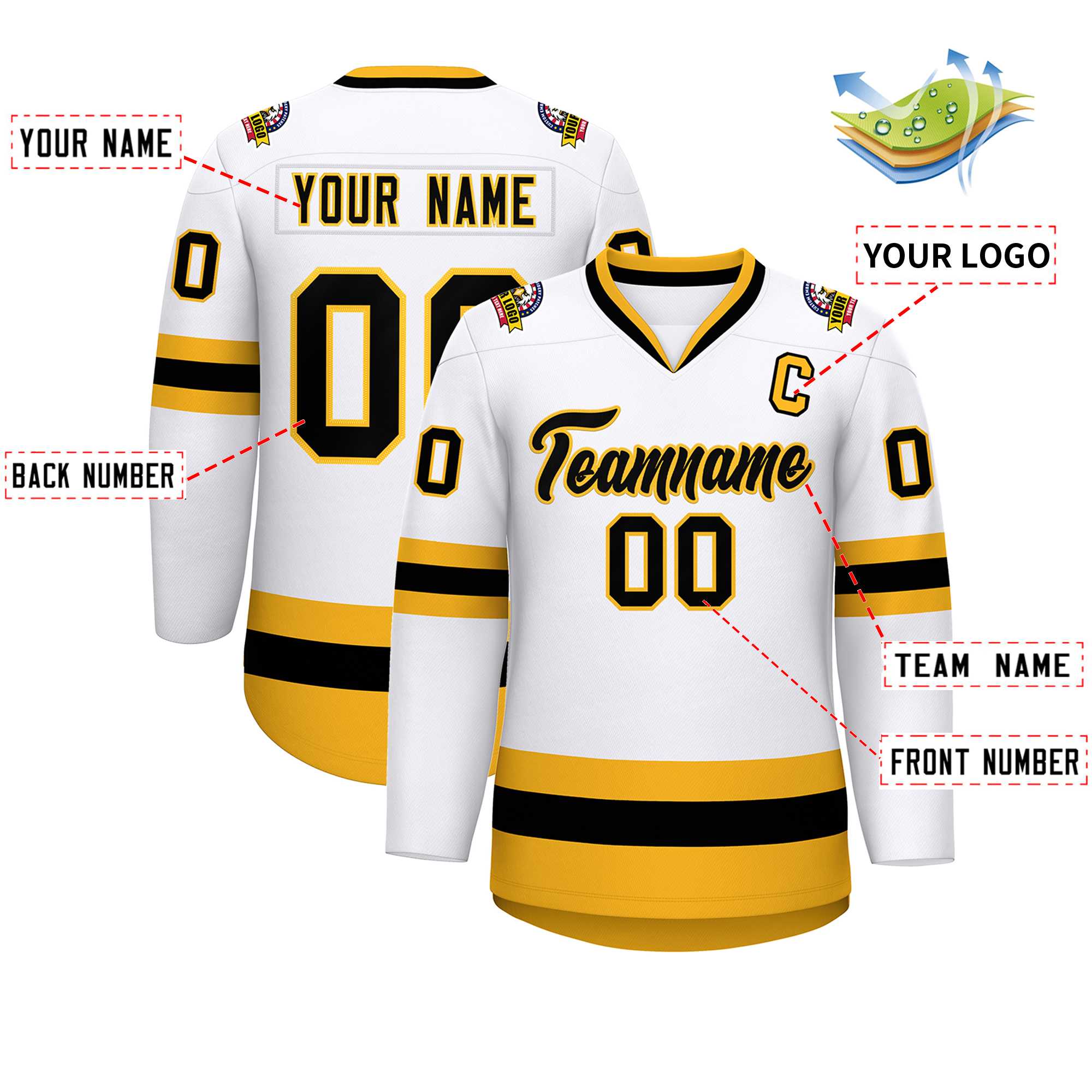 Custom White Black-Gold Classic Style Hockey Jersey