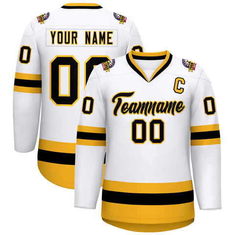 Custom White Black-Gold Classic Style Hockey Jersey