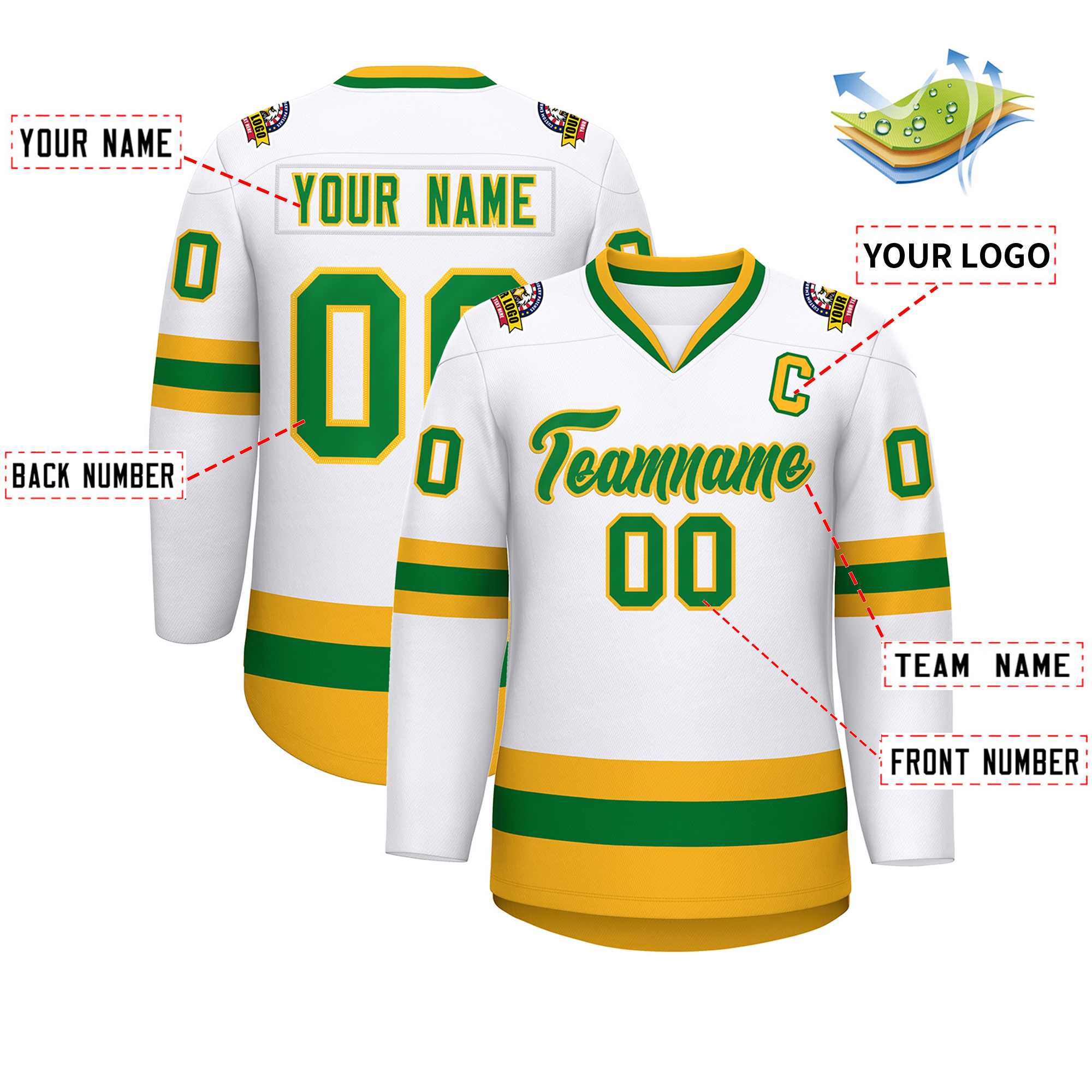 Custom White Kelly Green-Gold Classic Style Hockey Jersey