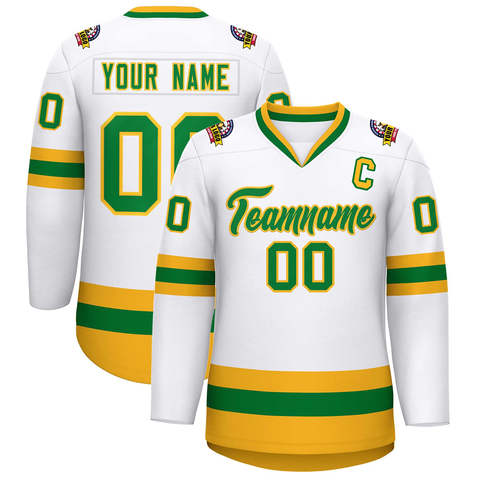 Custom White Kelly Green-Gold Classic Style Hockey Jersey