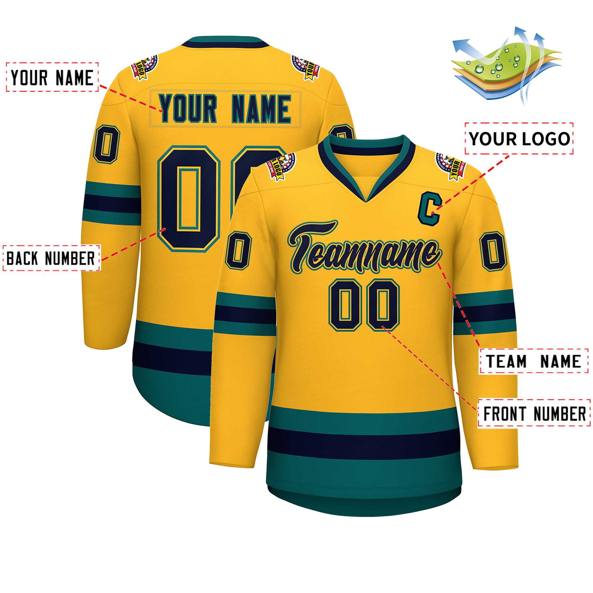 Custom Gold Navy Gold-Aqua Classic Style Hockey Jersey